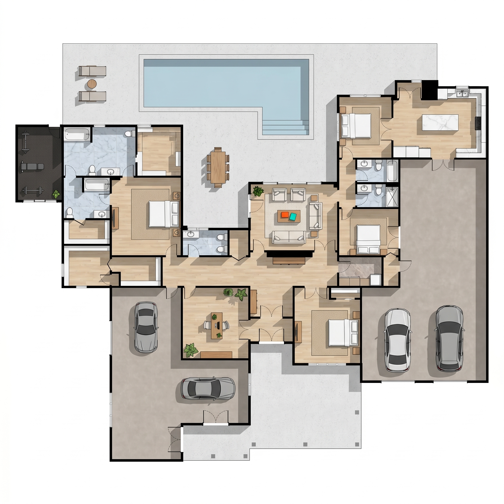 4 bedroom dark floor plan showing 5 bathrooms - 6,823 sq ft