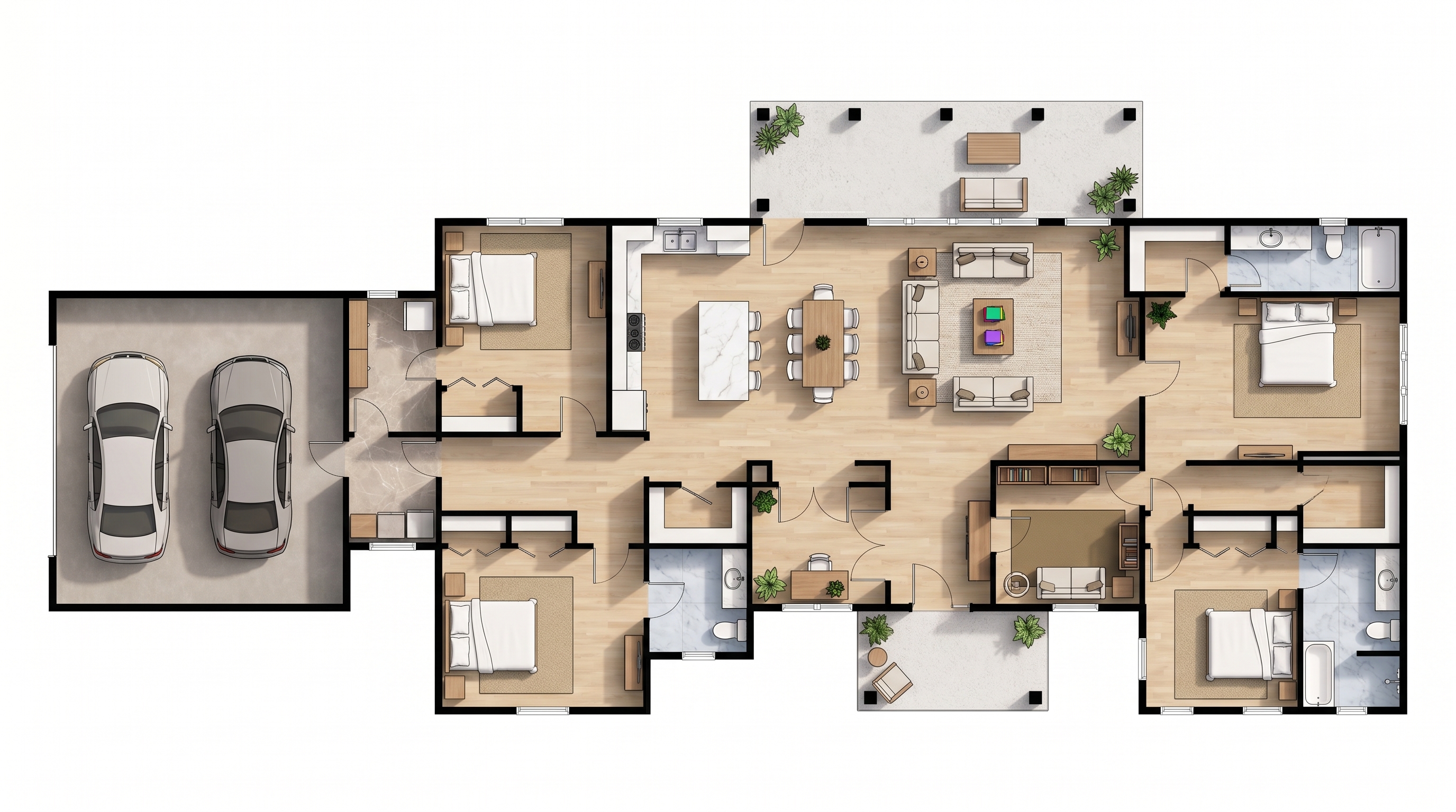 4 bedroom bright floor plan showing 3 bathrooms - 3,513 sq ft