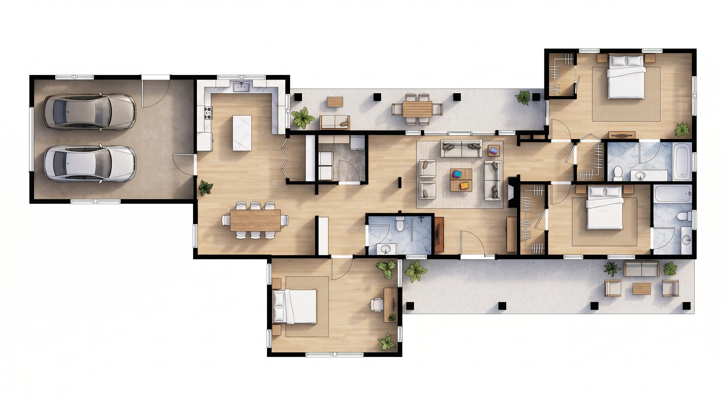 2 bedroom bright floor plan showing 3 bathrooms - 2,235 sq ft