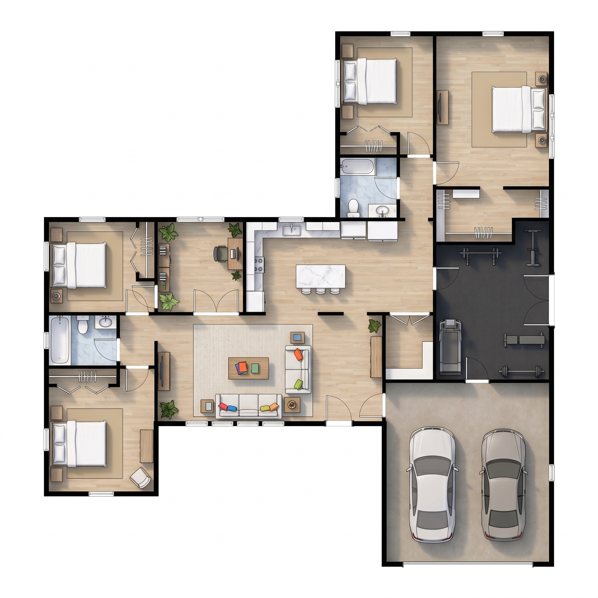 4 bedroom earthy floor plan showing 2 bathrooms - 2,442 sq ft