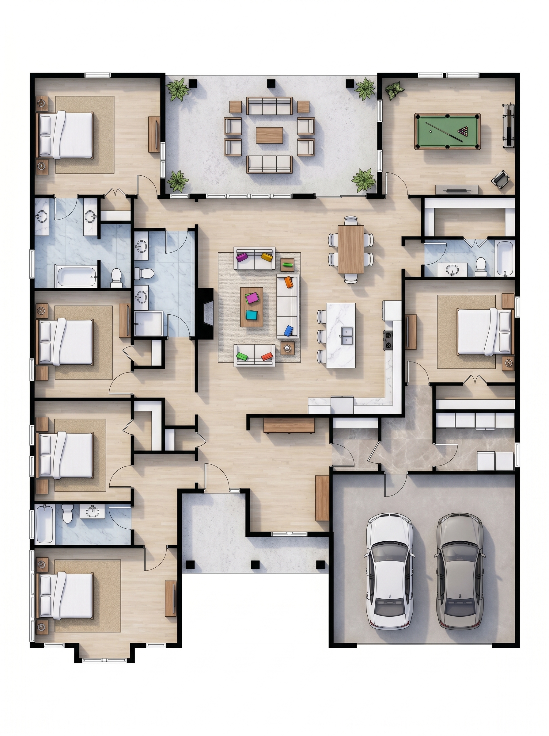 5 bedroom bright floor plan showing 4 bathrooms - 3,830 sq ft