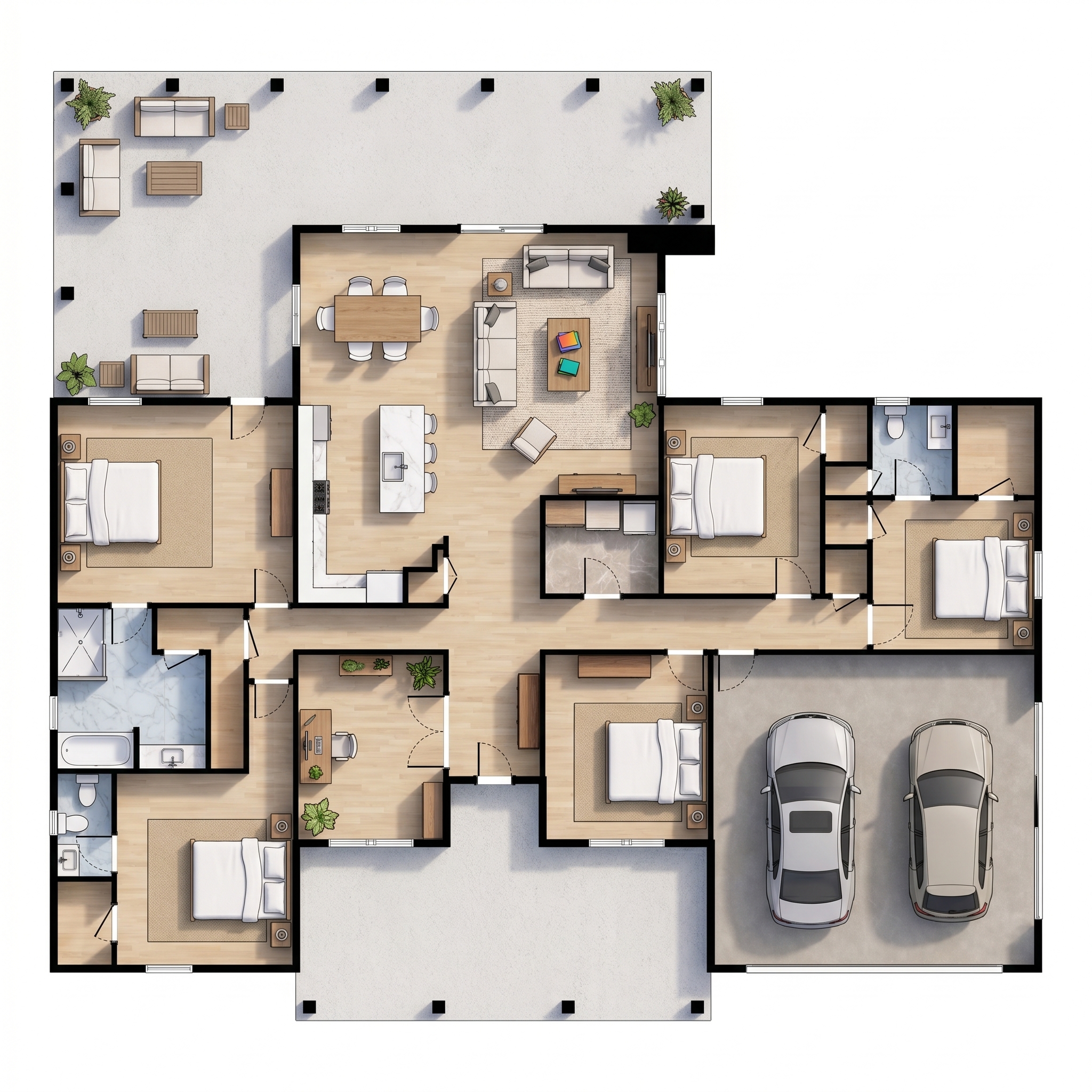 5 bedroom bright floor plan showing 3 bathrooms - 4,359 sq ft