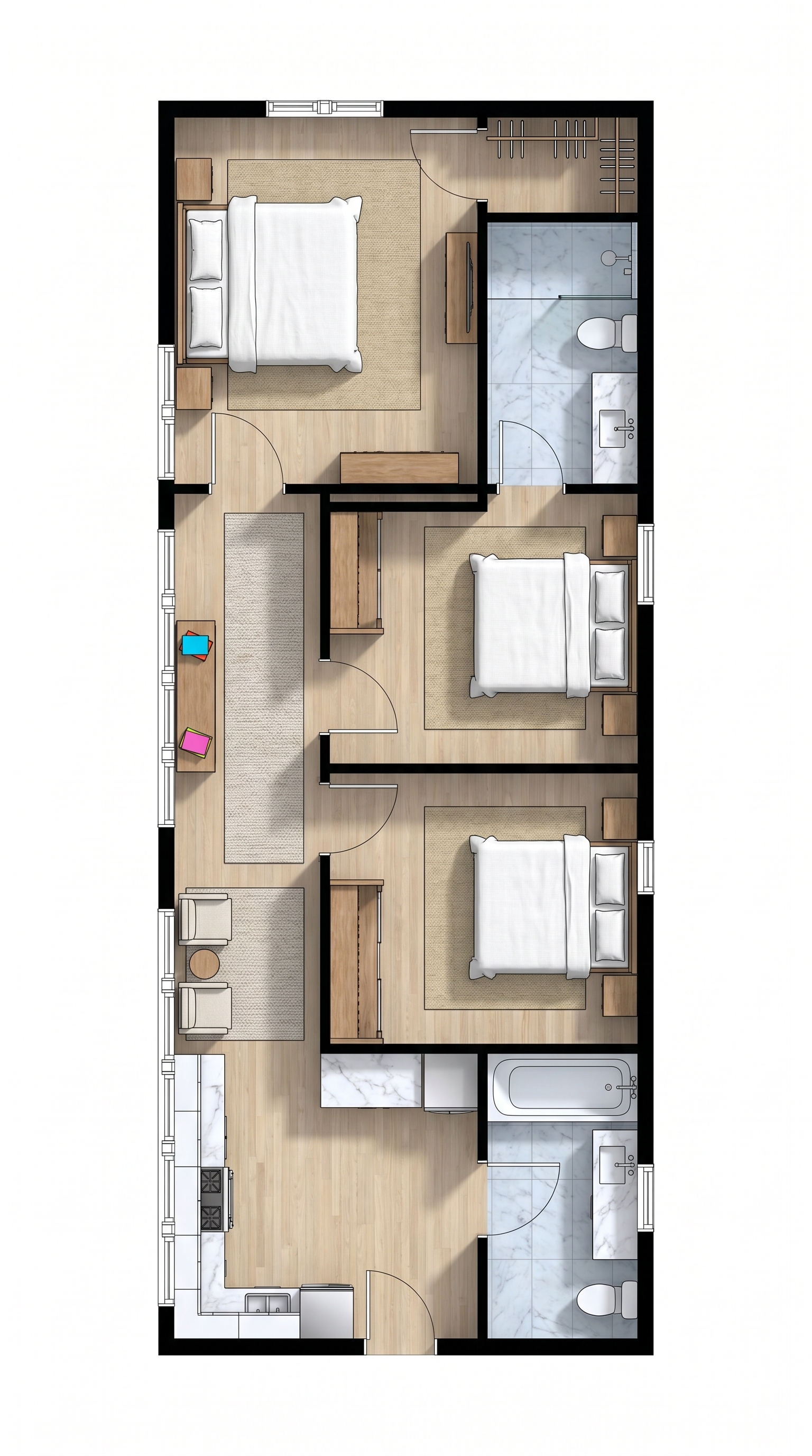 3 bedroom bright floor plan showing 2 bathrooms - 807 sq ft
