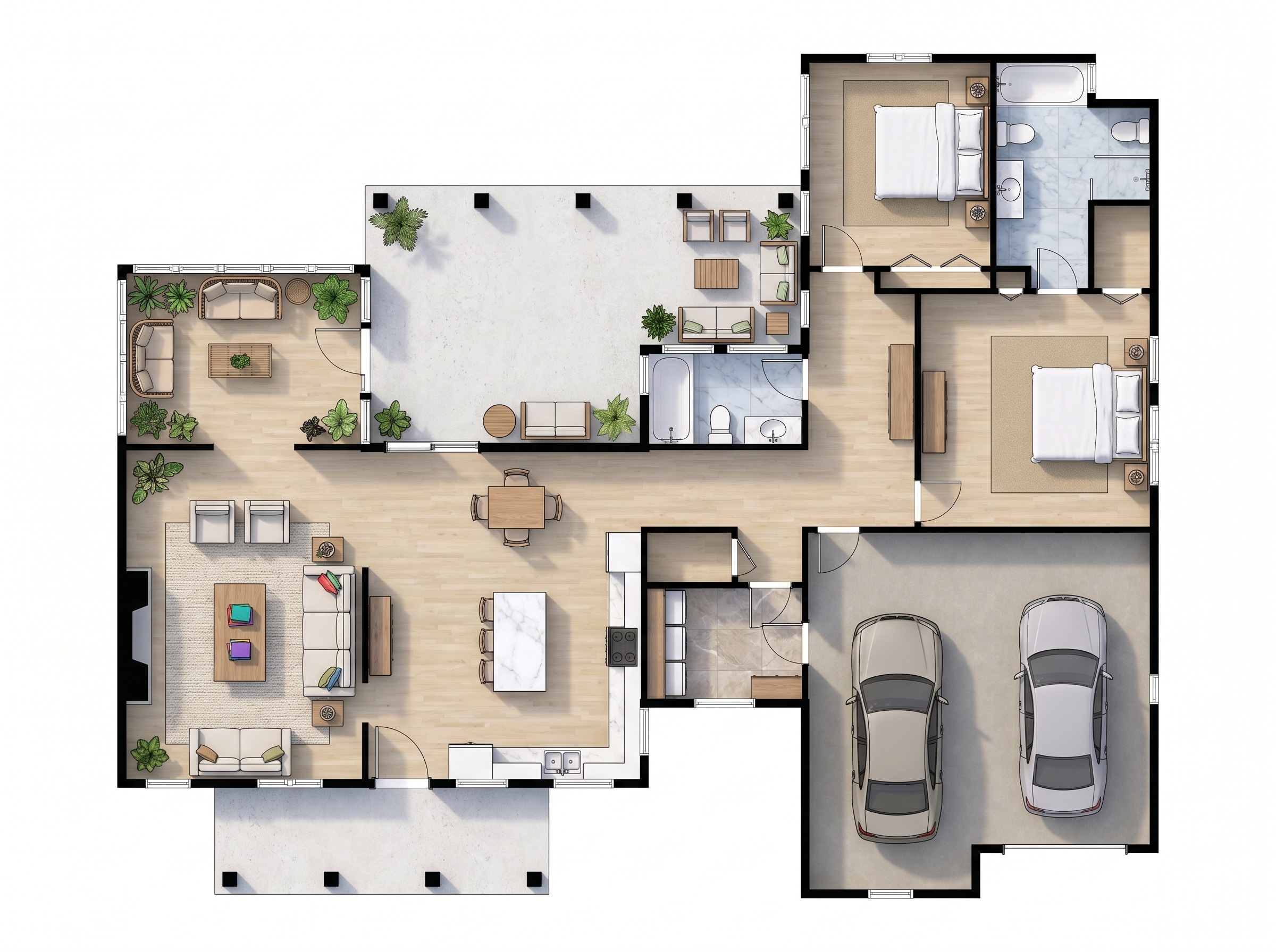 2 bedroom bright floor plan showing 2 bathrooms - 3,053 sq ft