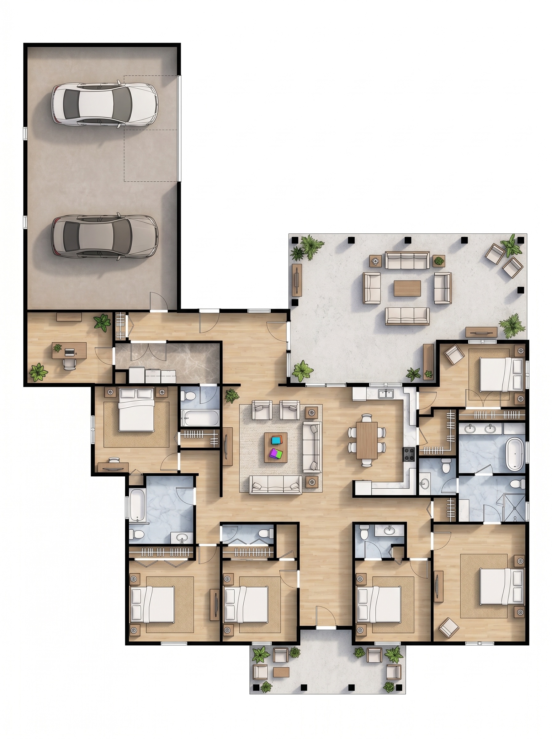 6 bedroom bright floor plan showing 5 bathrooms - 4,798 sq ft