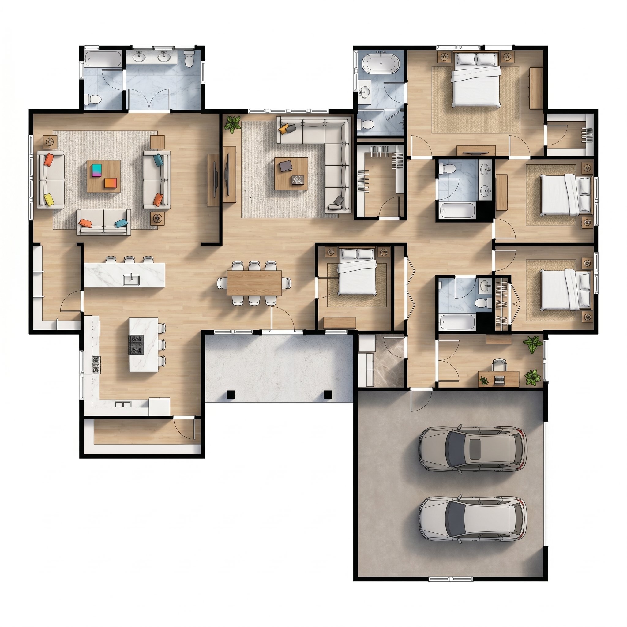 4 bedroom earthy floor plan showing 4 bathrooms - 3,611 sq ft