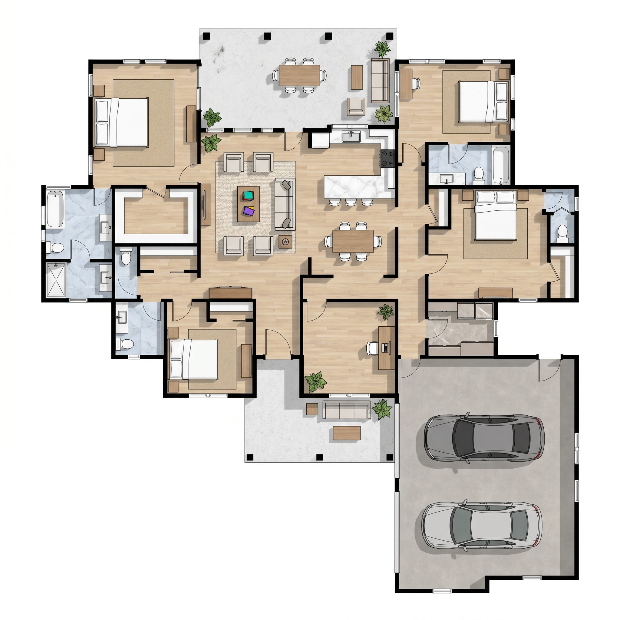 4 bedroom bright floor plan showing 5 bathrooms - 3,653 sq ft