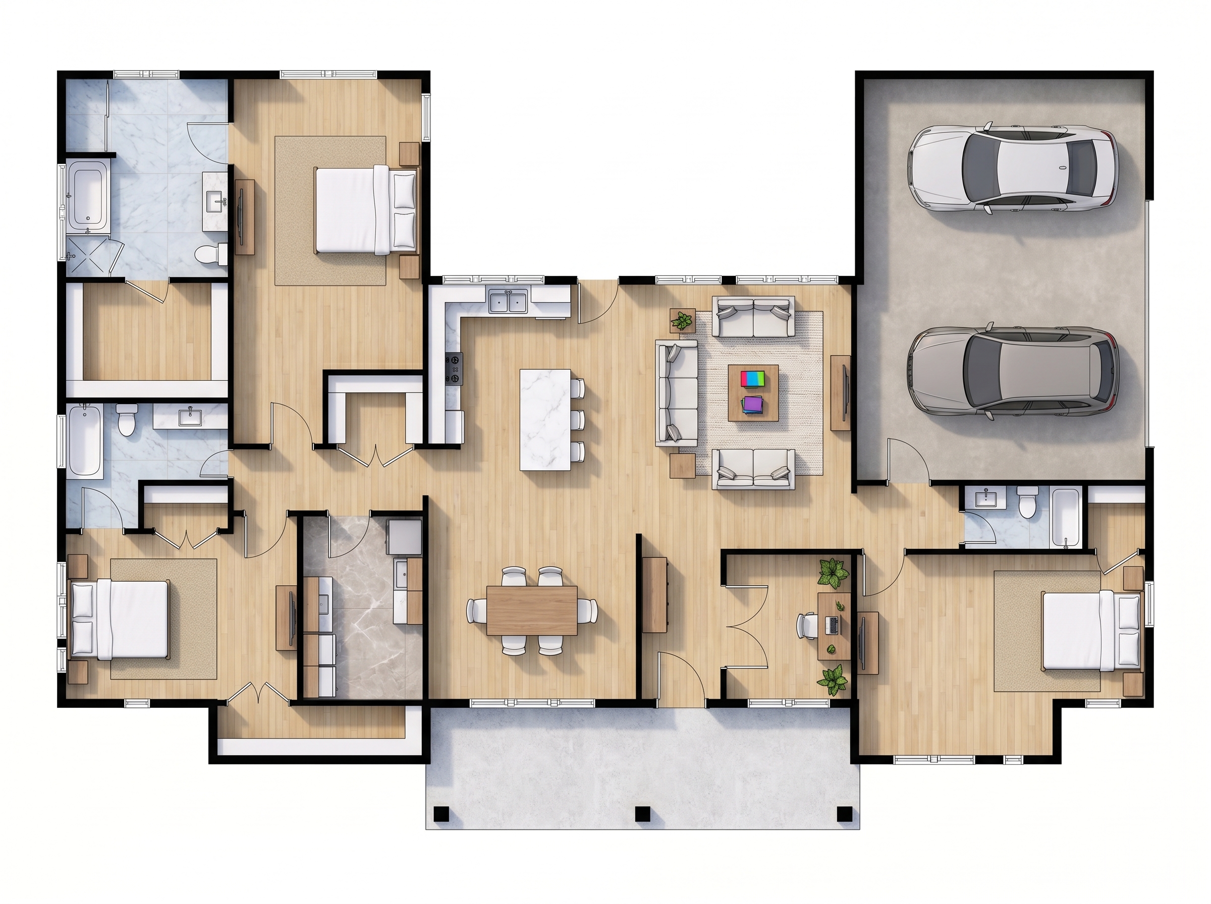 3 bedroom bright floor plan showing 3 bathrooms - 2,838 sq ft