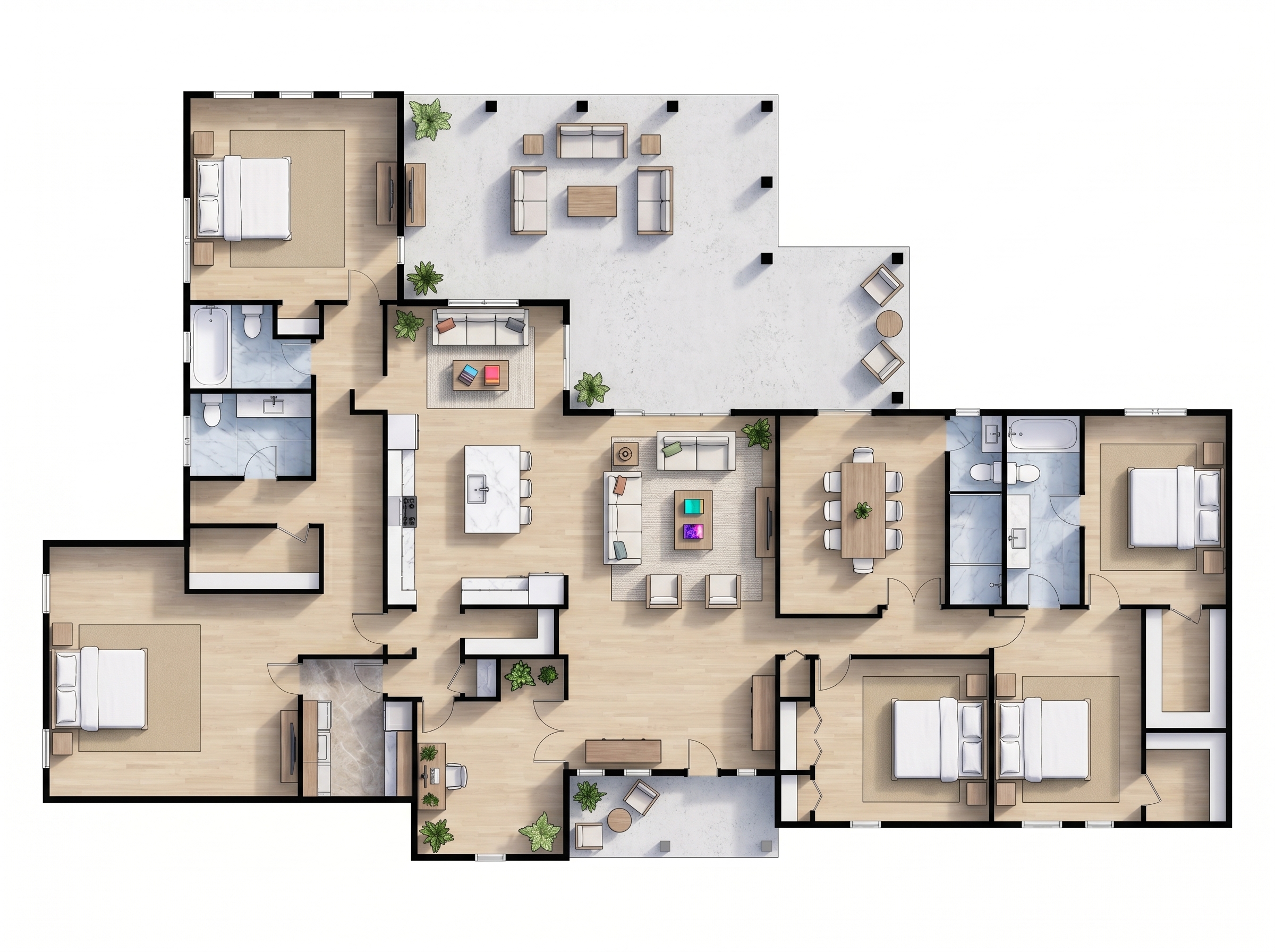 6 bedroom bright floor plan showing 5 bathrooms - 5,102 sq ft