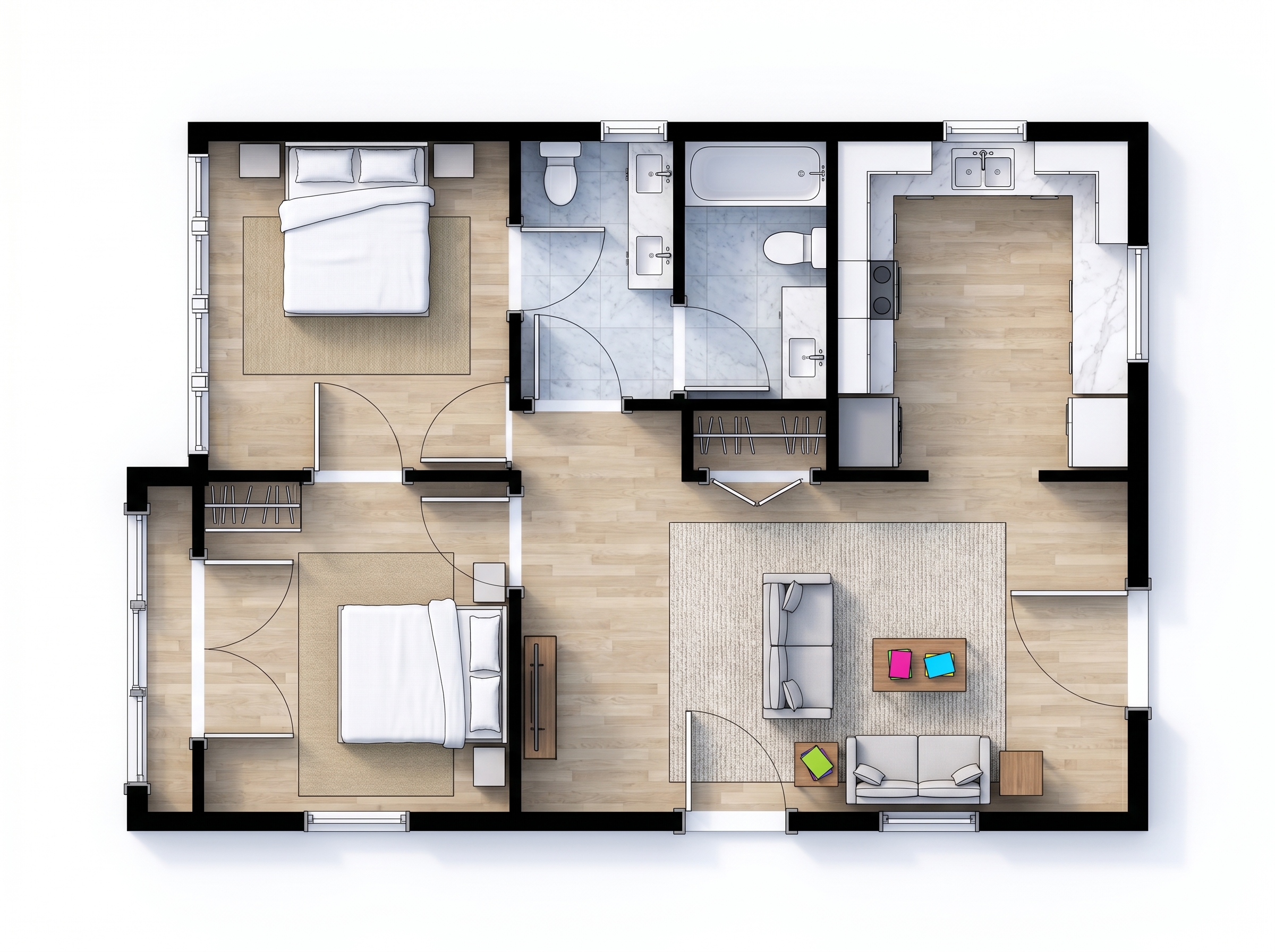 2 bedroom bright floor plan showing 1 bathrooms - 601 sq ft