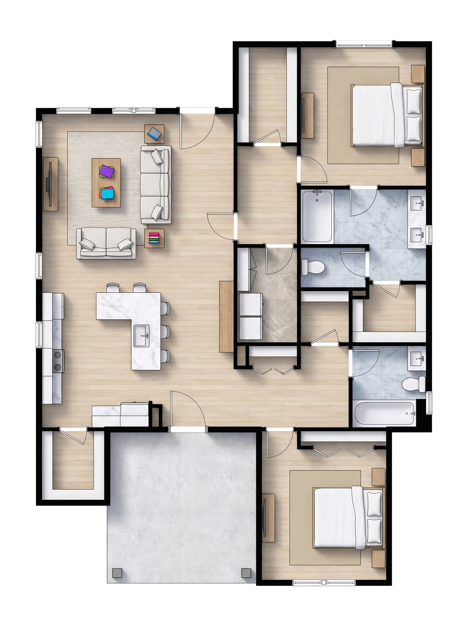 2 bedroom bright floor plan showing 2 bathrooms - 1,852 sq ft