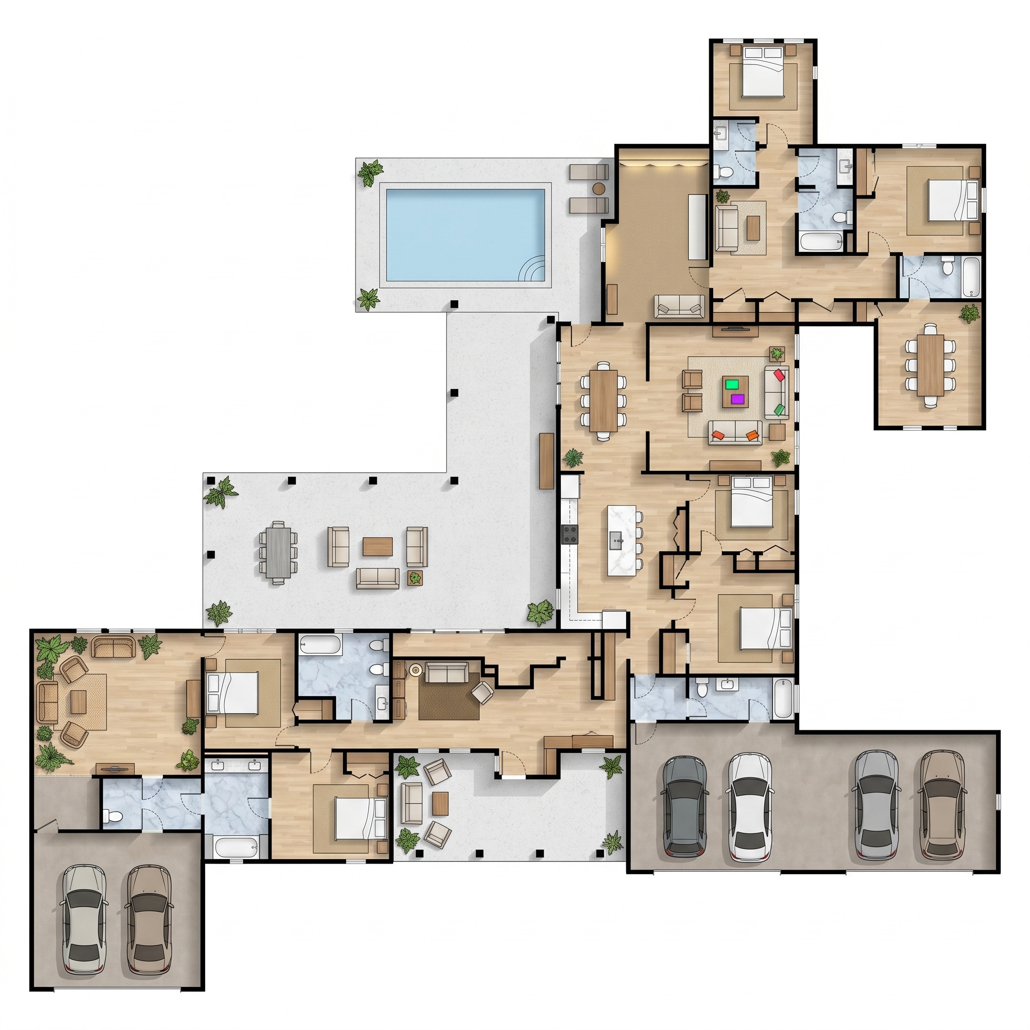 4 bedroom bright floor plan showing 8 bathrooms - 8,069 sq ft