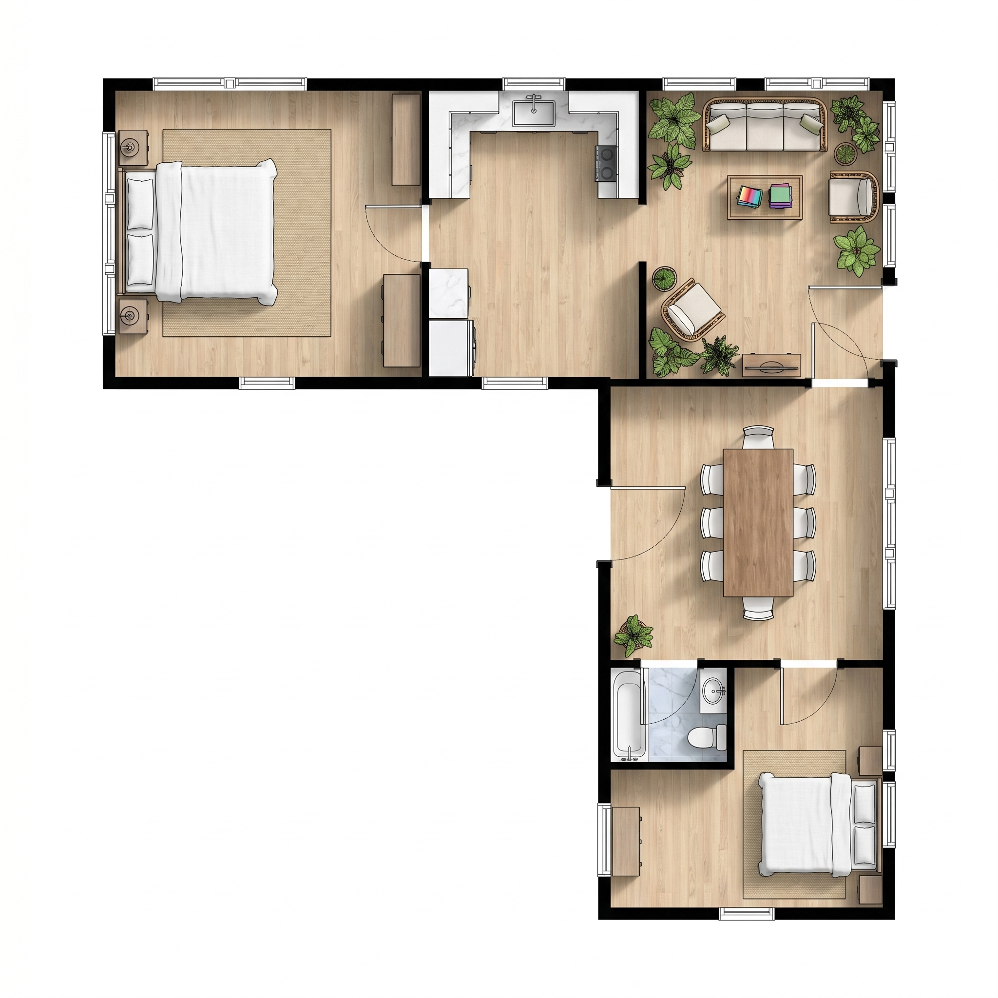 2 bedroom dark floor plan showing 1 bathrooms - 864 sq ft