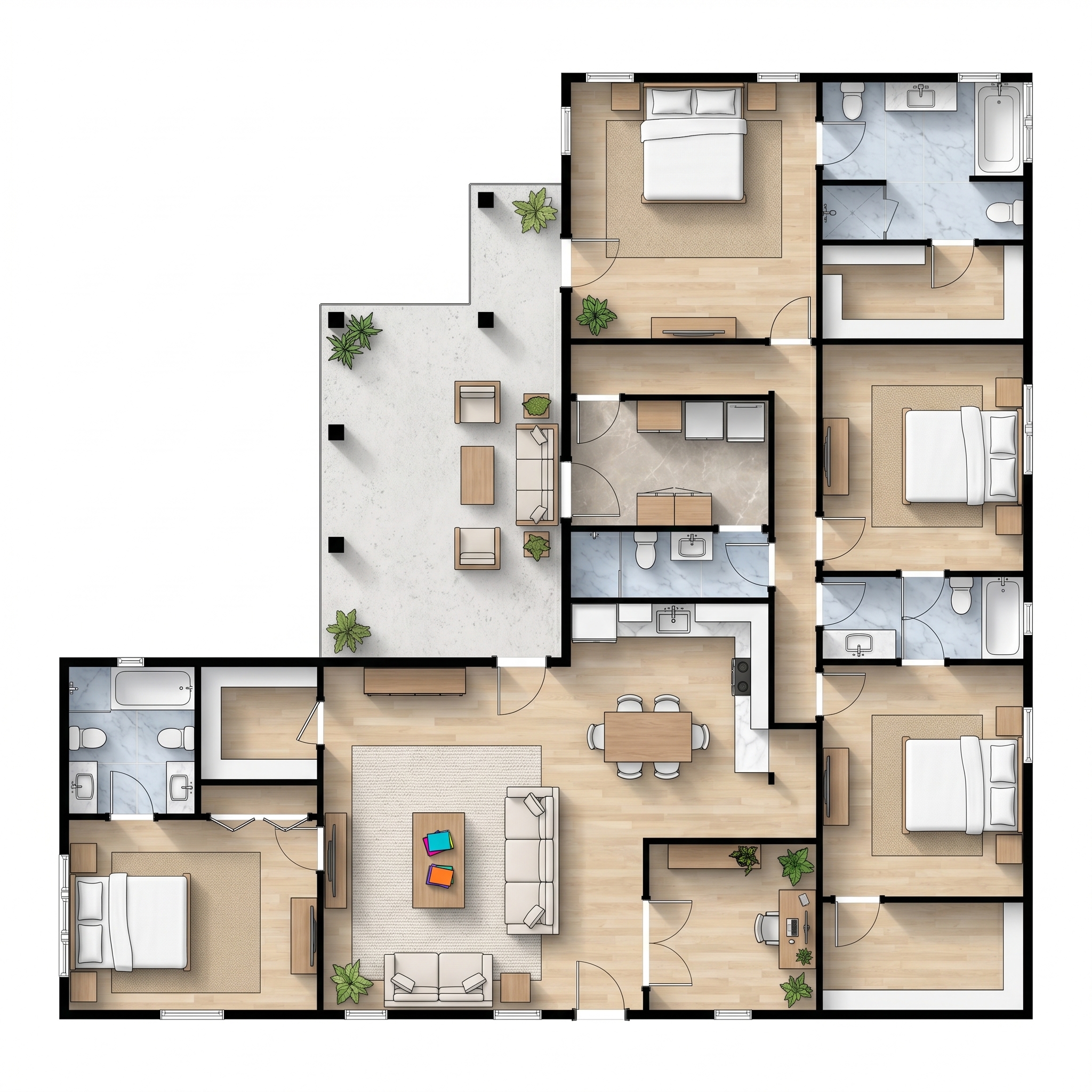 4 bedroom bright floor plan showing 4 bathrooms - 2,764 sq ft