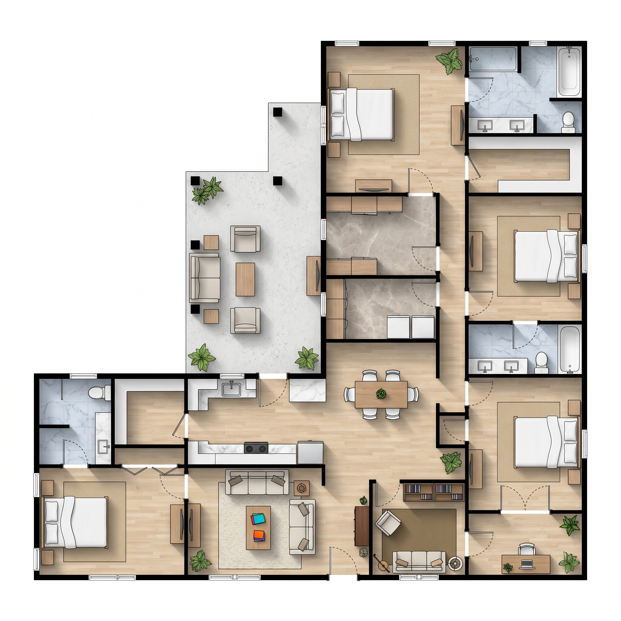 4 bedroom bright floor plan showing 4 bathrooms - 2,732 sq ft