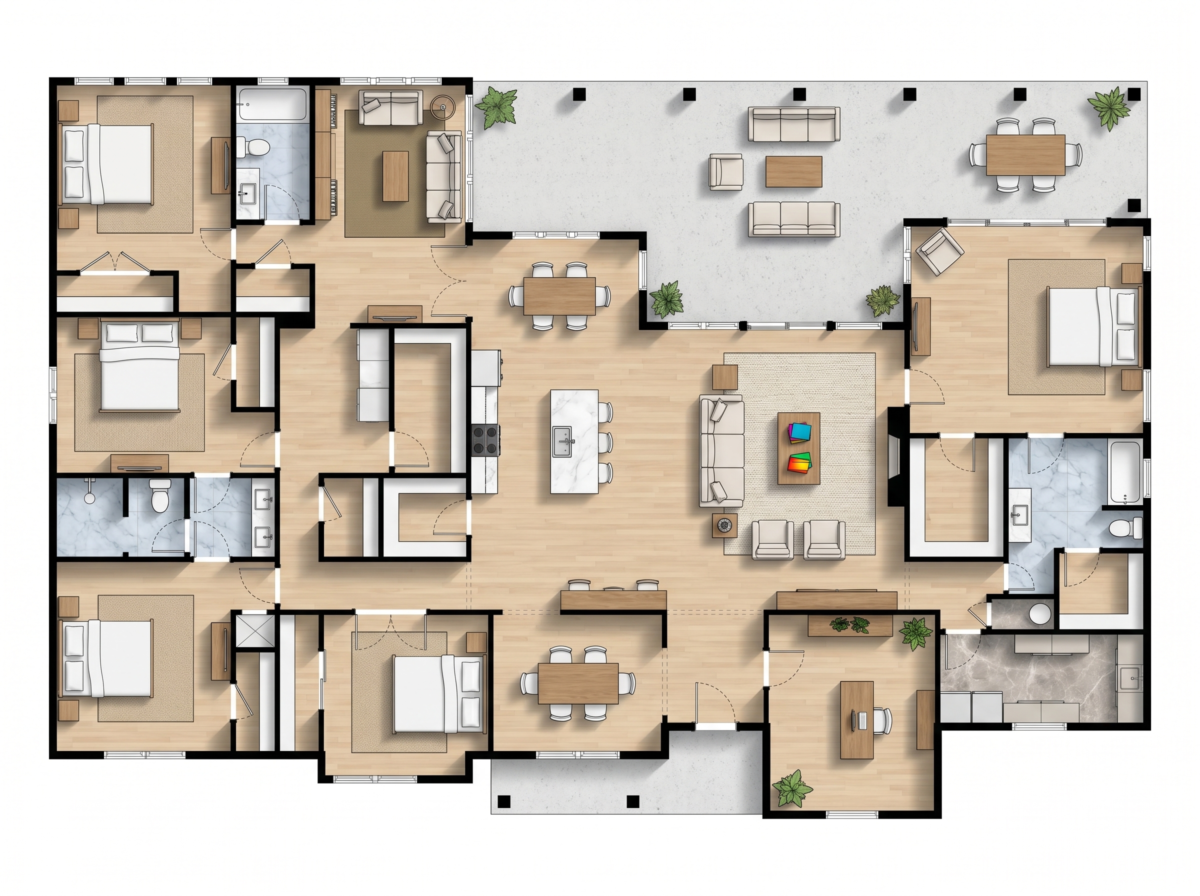5 bedroom bright floor plan showing 3 bathrooms - 4,363 sq ft