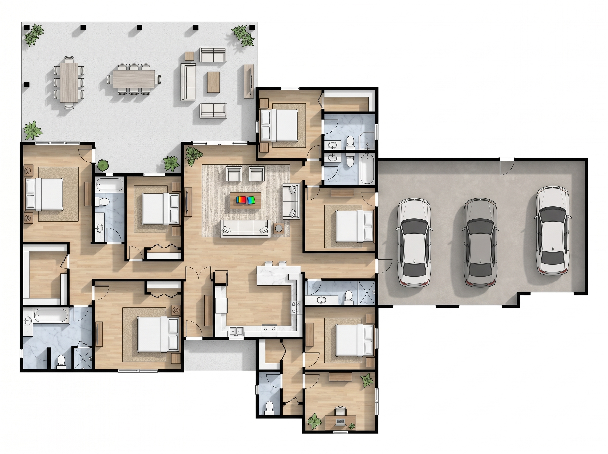 6 bedroom bright floor plan showing 6 bathrooms - 5,236 sq ft