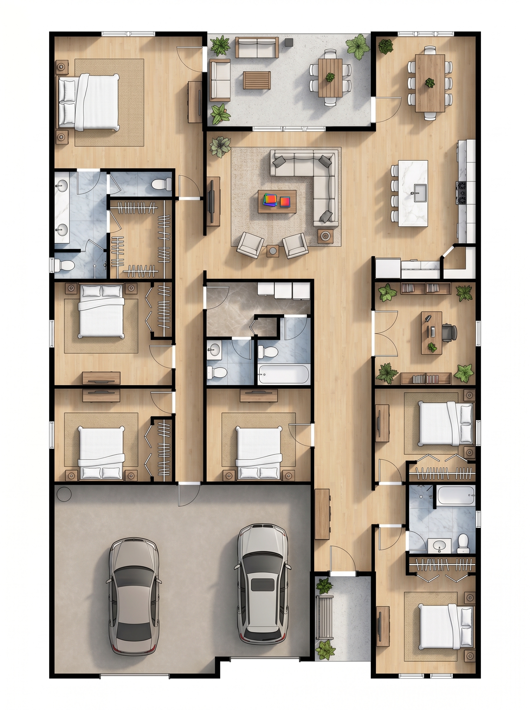 6 bedroom bright floor plan showing 4 bathrooms - 3,722 sq ft