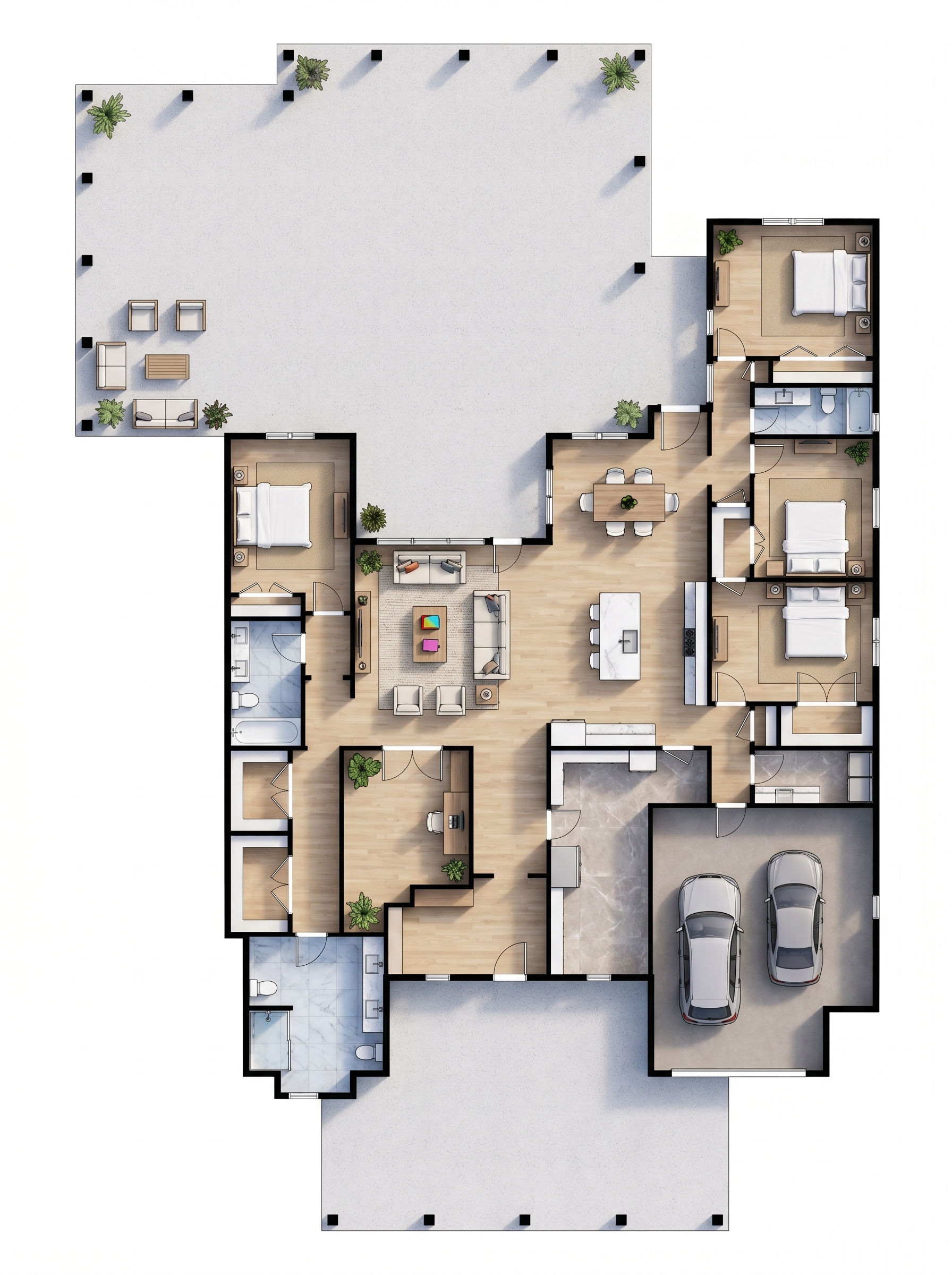 4 bedroom bright floor plan showing 3 bathrooms - 5,985 sq ft