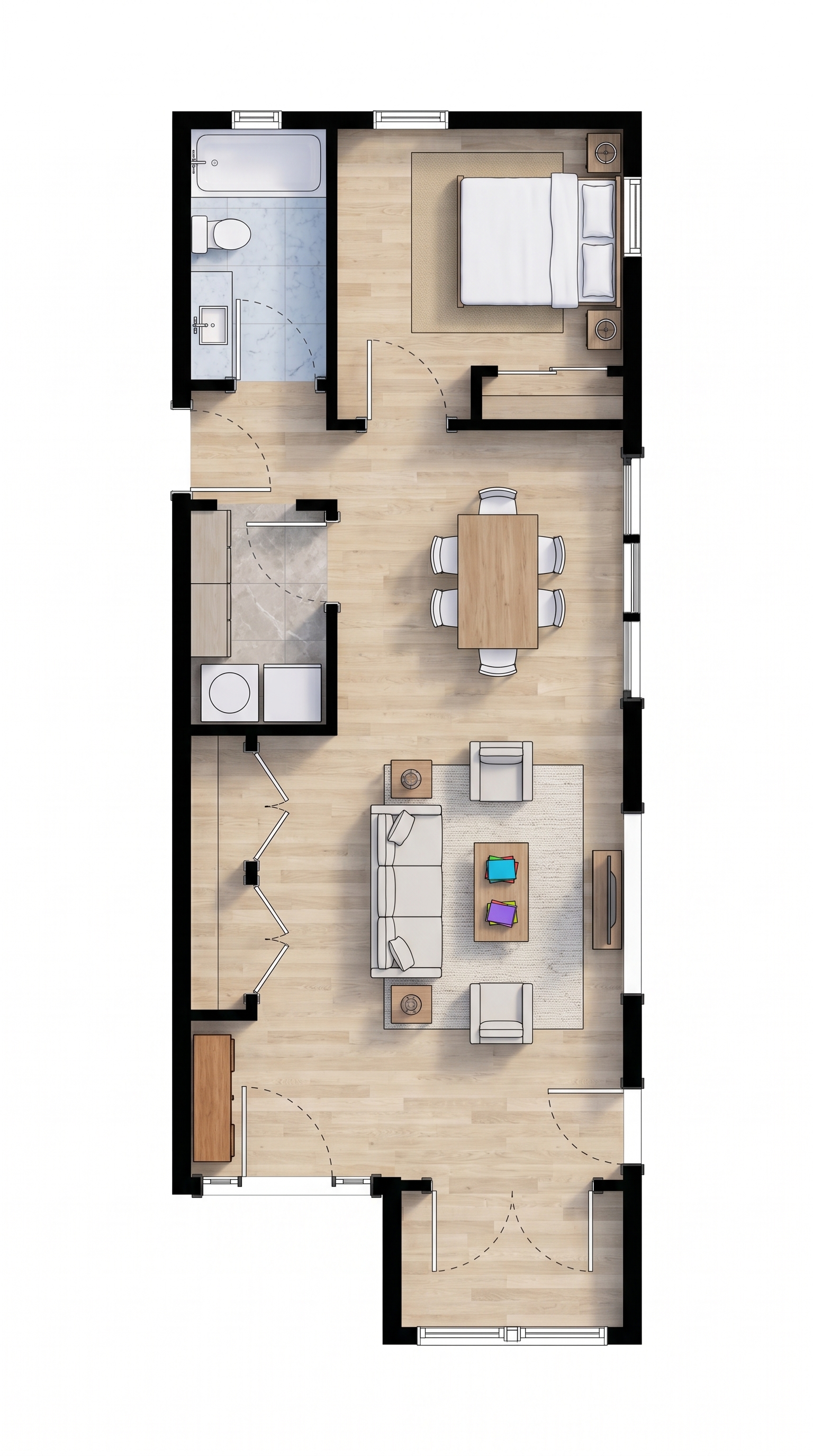 2 bedroom dark floor plan showing 1 bathrooms - 572 sq ft