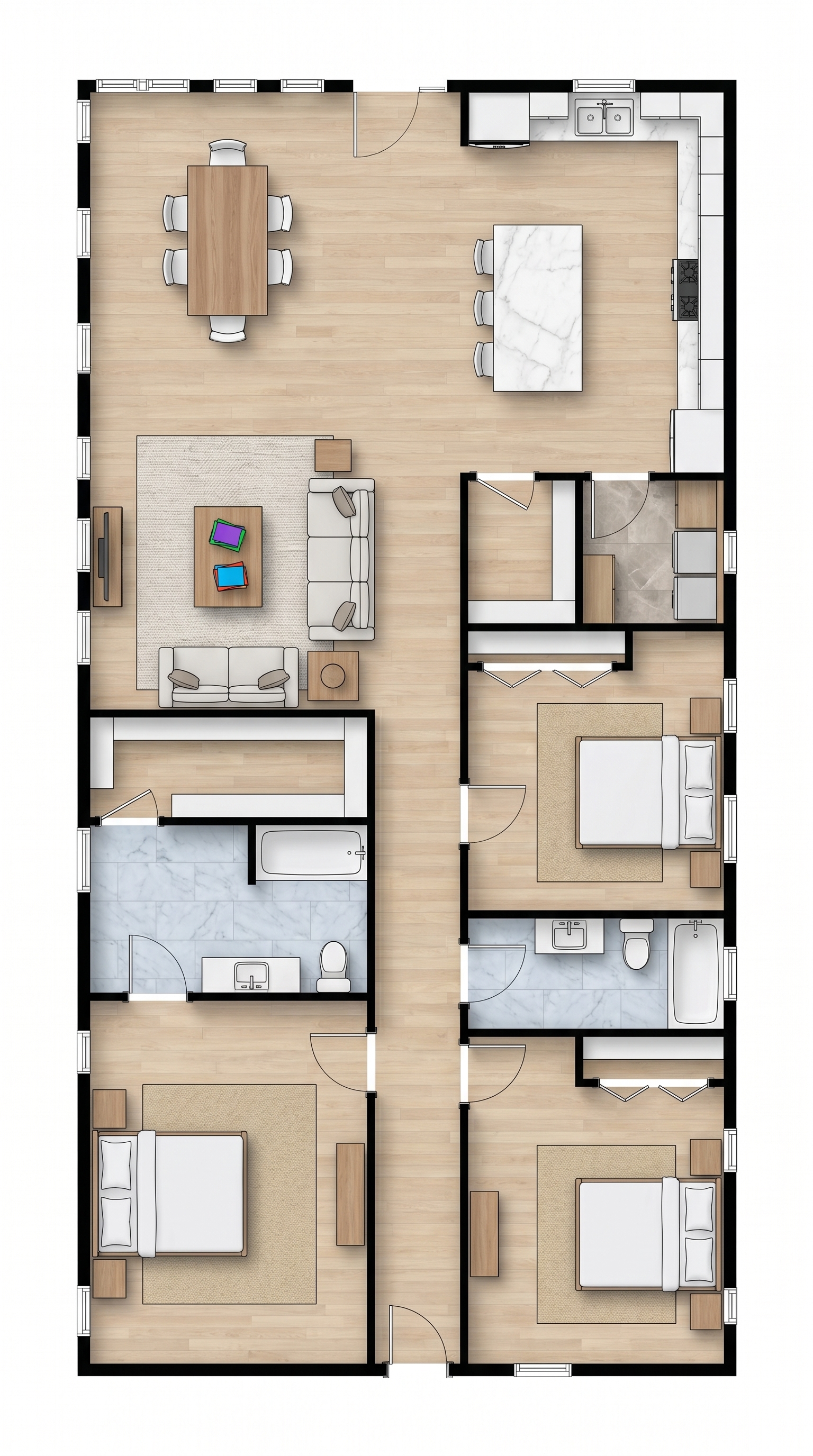 3 bedroom earthy floor plan showing 2 bathrooms - 1,790 sq ft