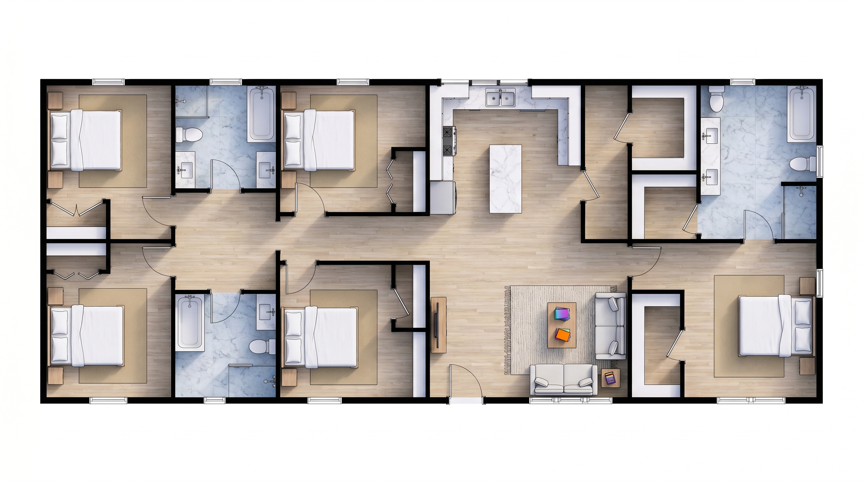 5 bedroom bright floor plan showing 3 bathrooms - 2,102 sq ft