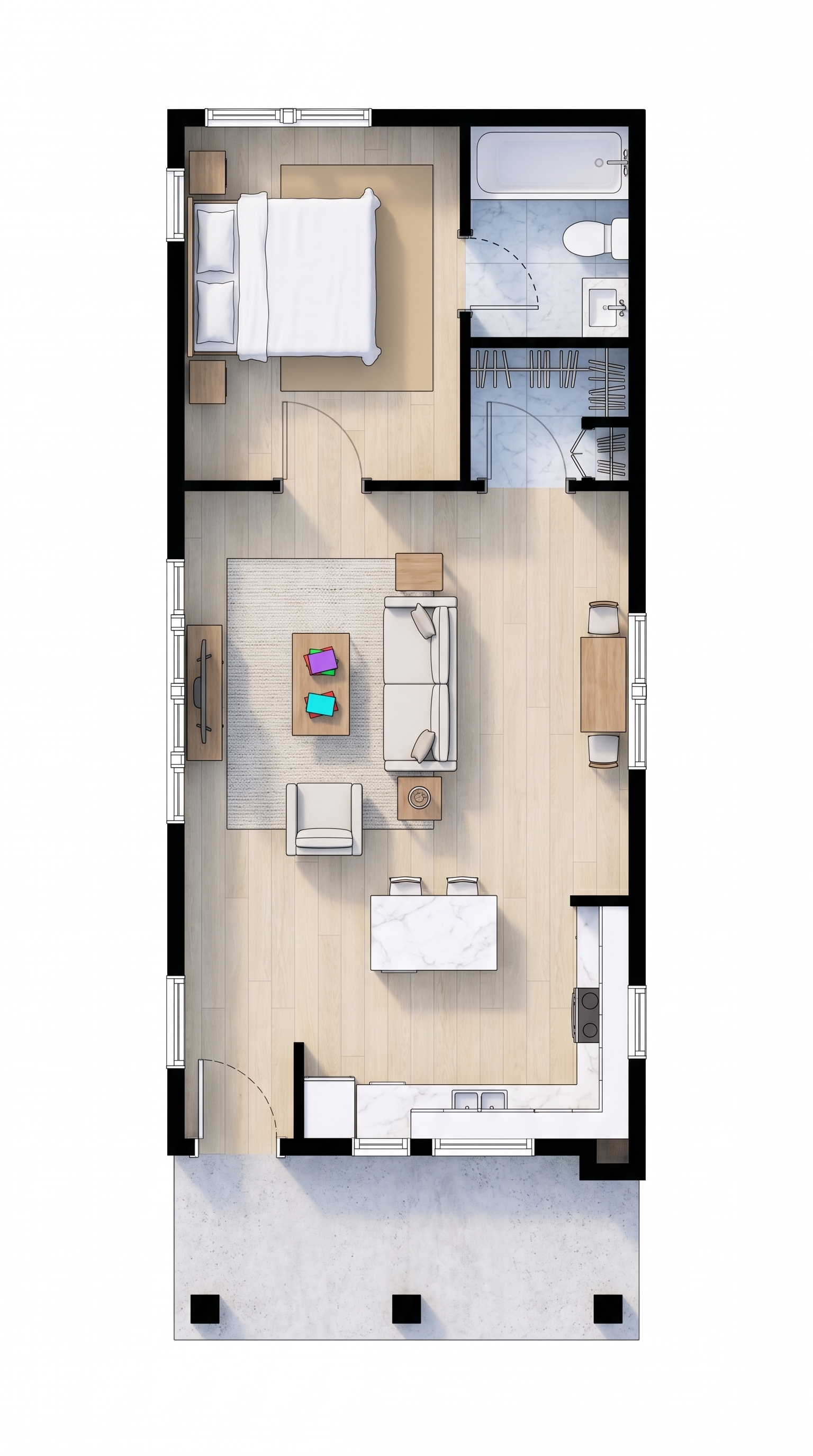1 bedroom bright floor plan showing 1 bathrooms - 650 sq ft