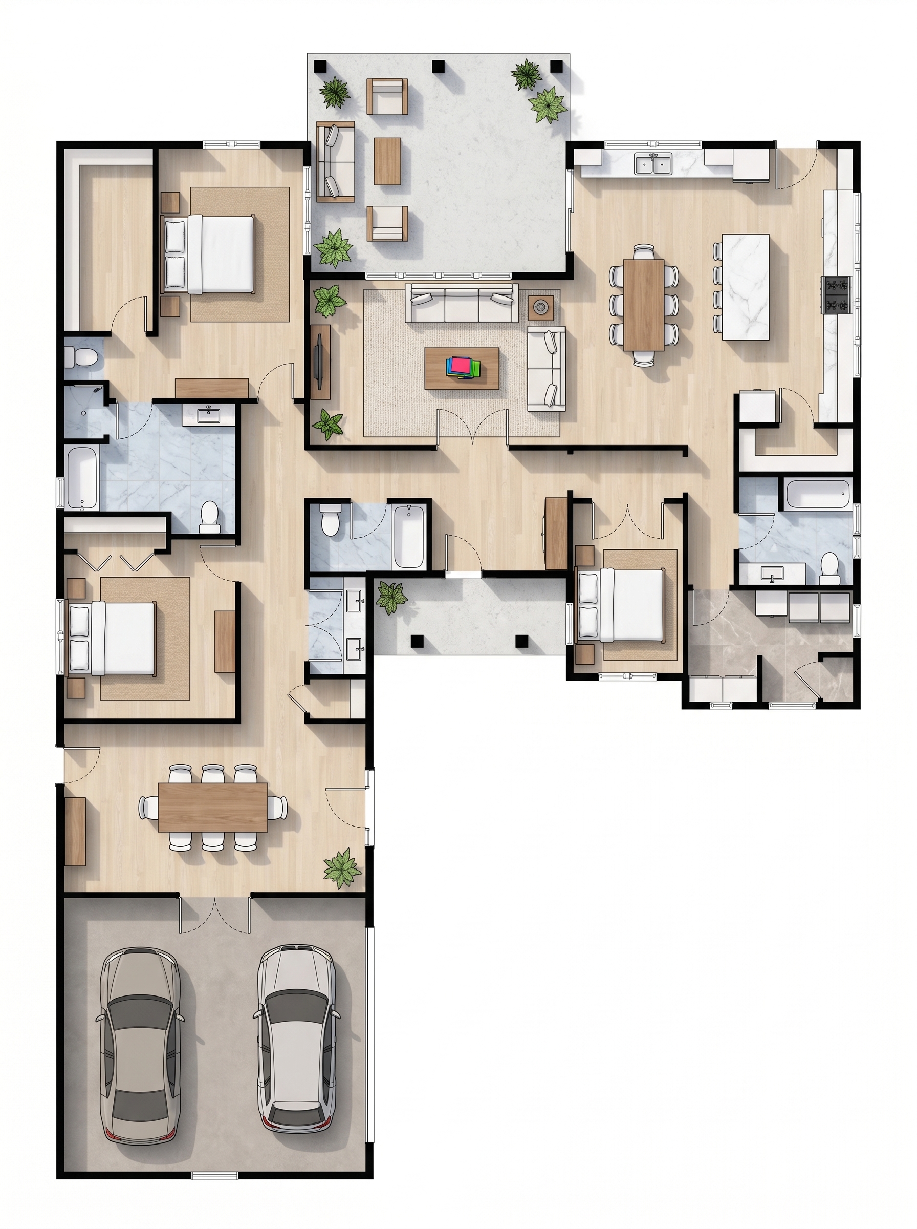 3 bedroom bright floor plan showing 4 bathrooms - 3,379 sq ft
