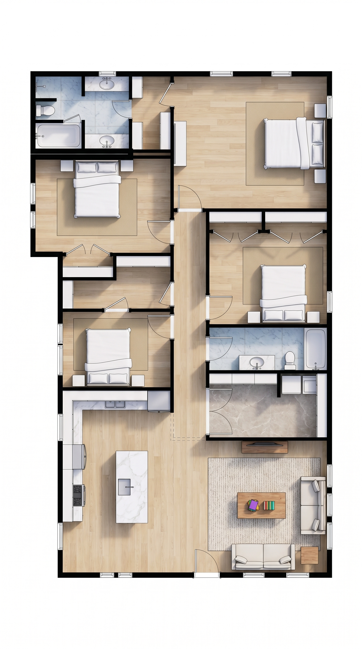 4 bedroom classic floor plan showing 2 bathrooms - 1,887 sq ft