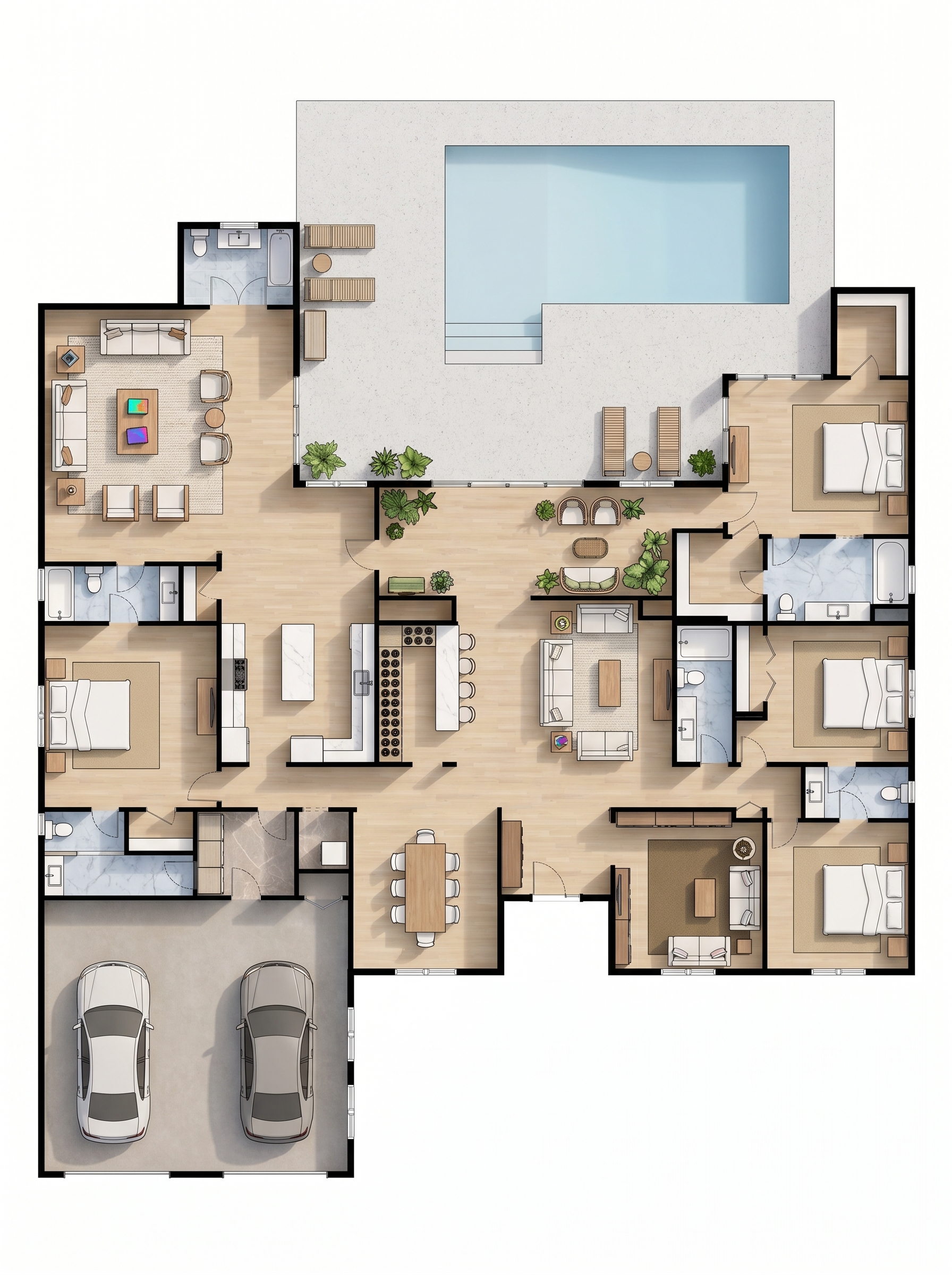 4 bedroom bright floor plan showing 6 bathrooms - 6,411 sq ft