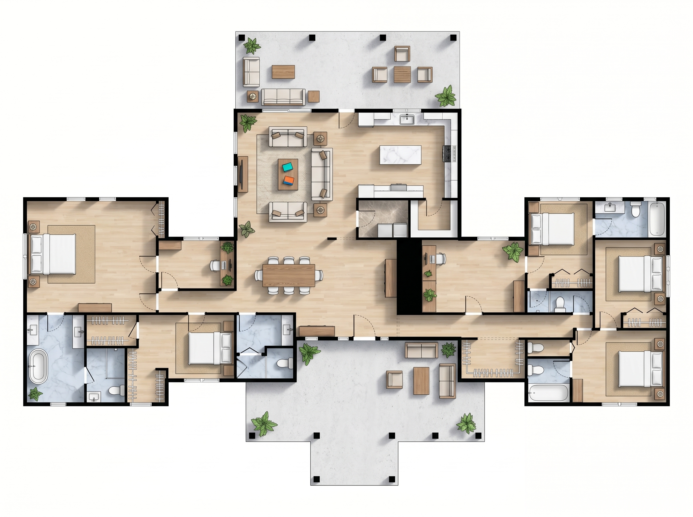 5 bedroom dark floor plan showing 5 bathrooms - 4,454 sq ft