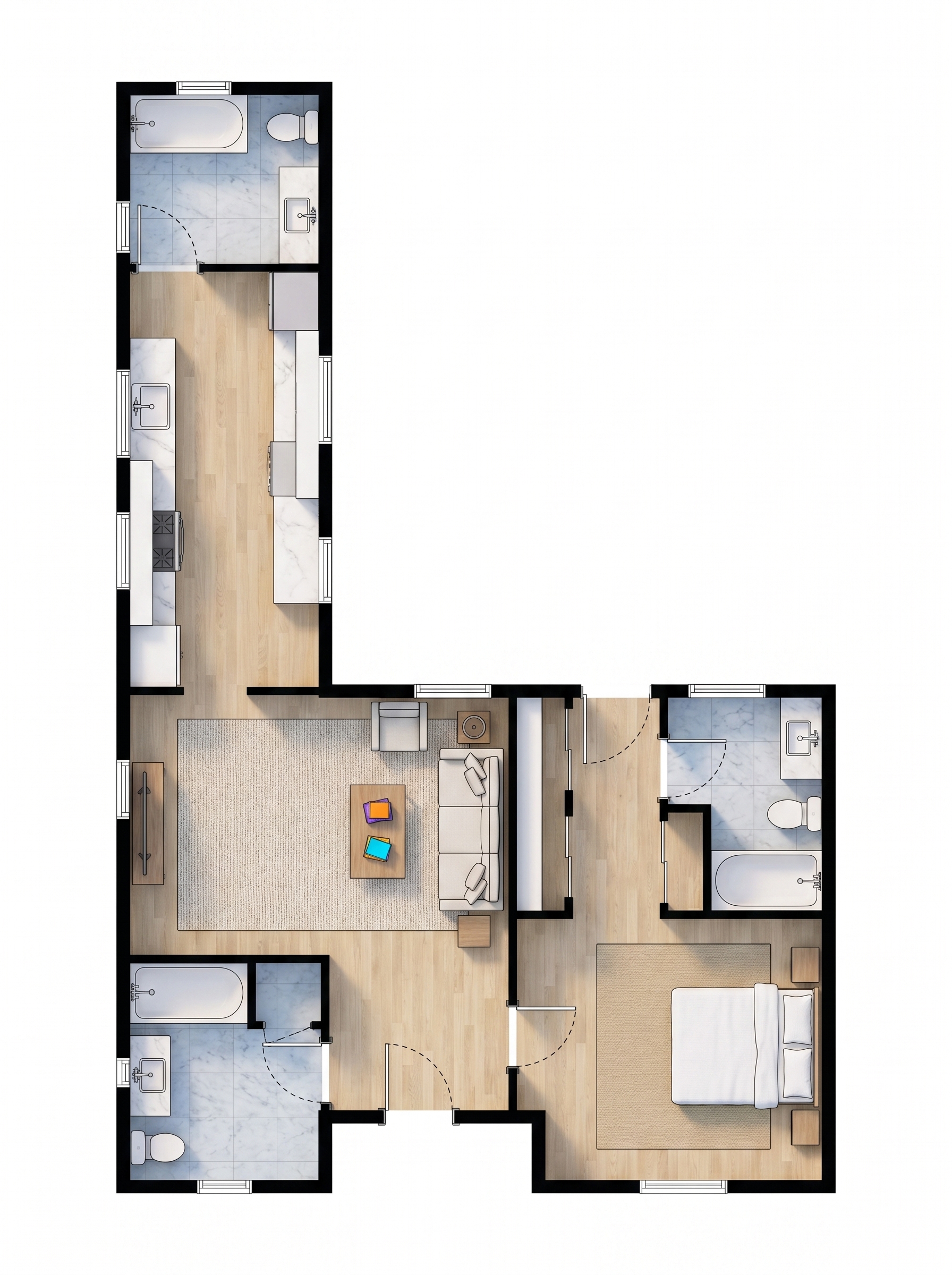 1 bedroom bright floor plan showing 2 bathrooms - 940 sq ft