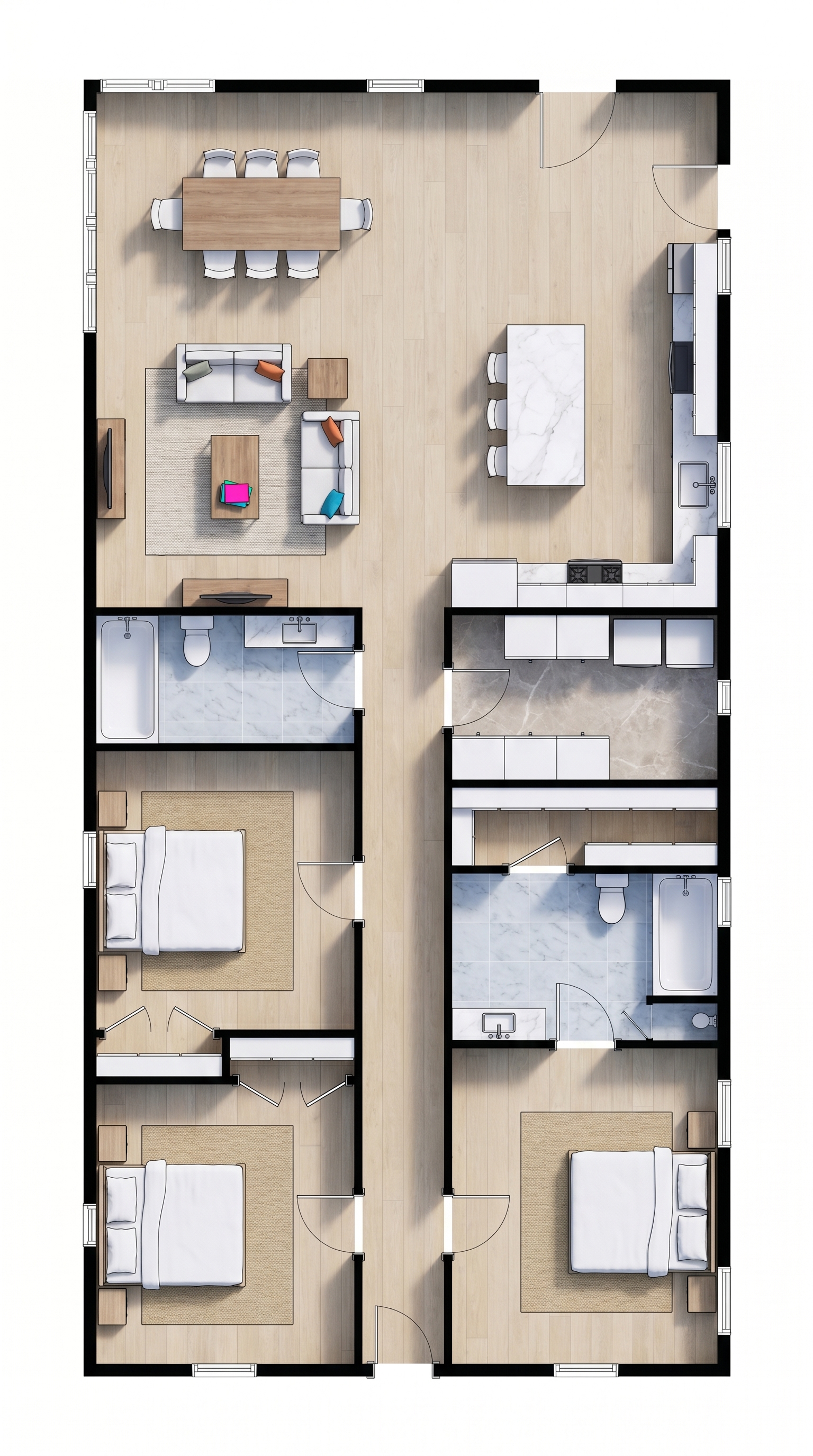3 bedroom earthy floor plan showing 2 bathrooms - 1,765 sq ft