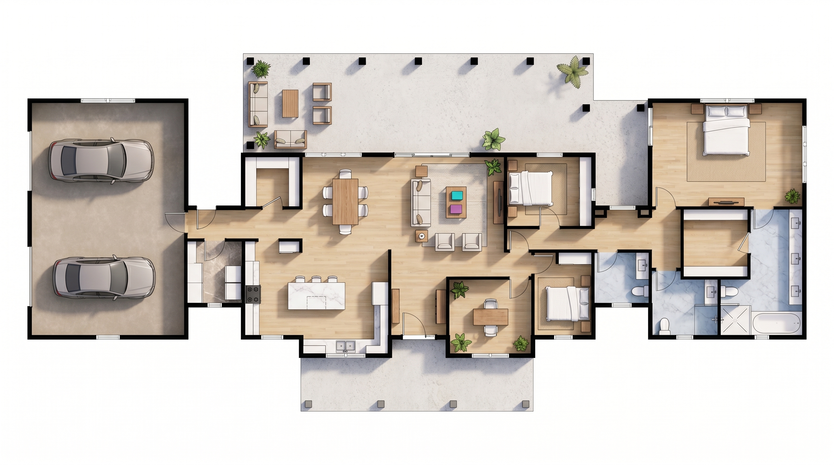 3 bedroom bright floor plan showing 3 bathrooms - 3,785 sq ft