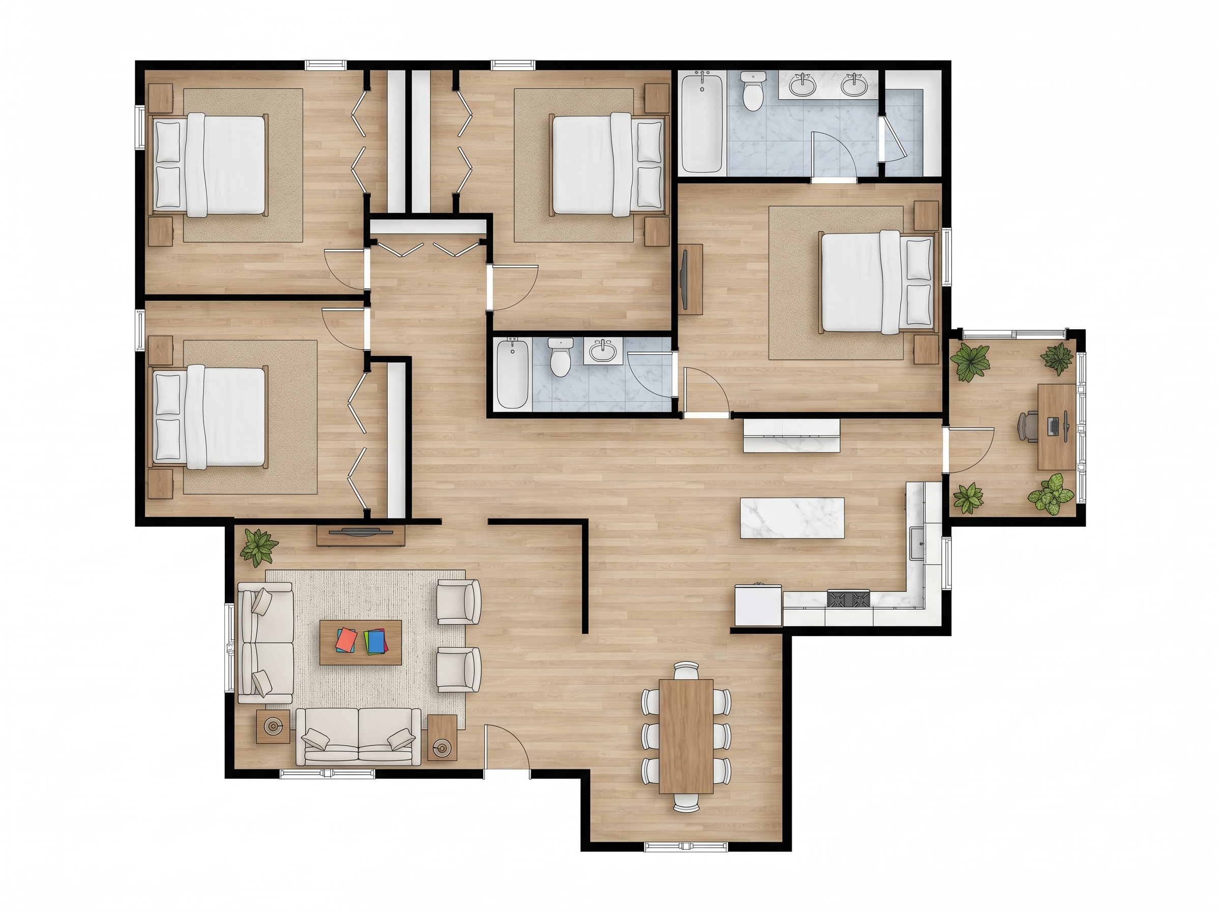 4 bedroom earthy floor plan showing 2 bathrooms - 2,005 sq ft