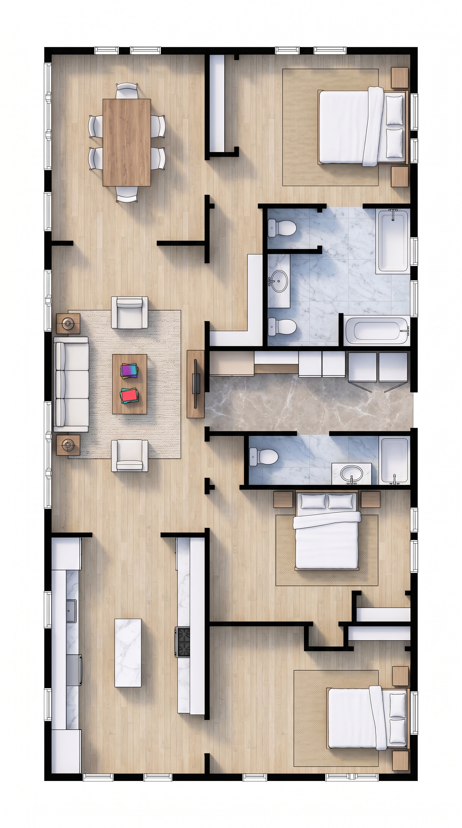 3 bedroom bright floor plan showing 2 bathrooms - 1,726 sq ft
