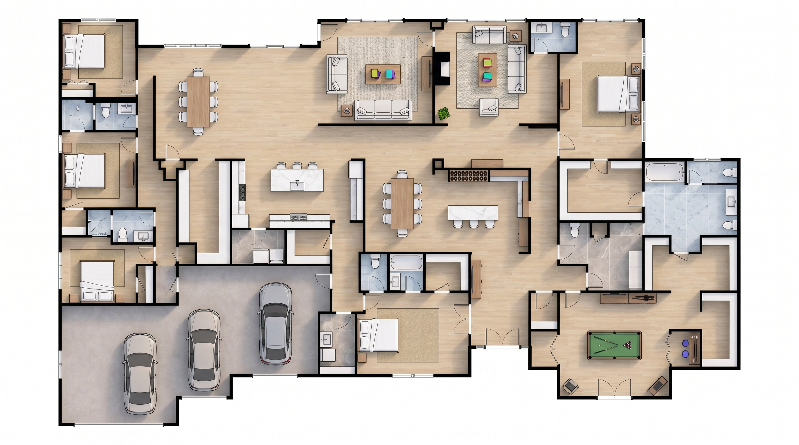 5 bedroom bright floor plan showing 6 bathrooms - 7,491 sq ft