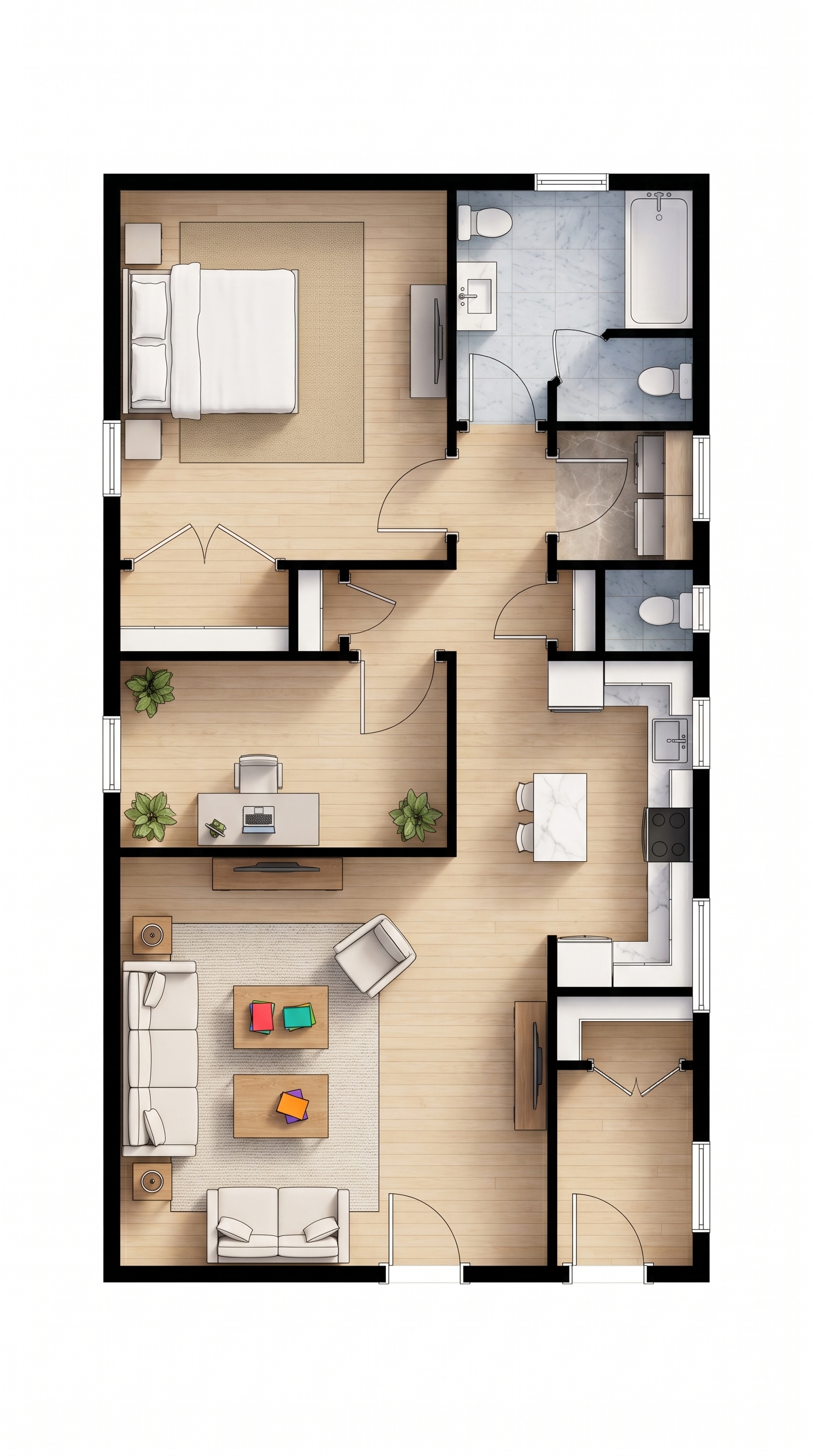 1 bedroom dark floor plan showing 1 bathrooms - 779 sq ft