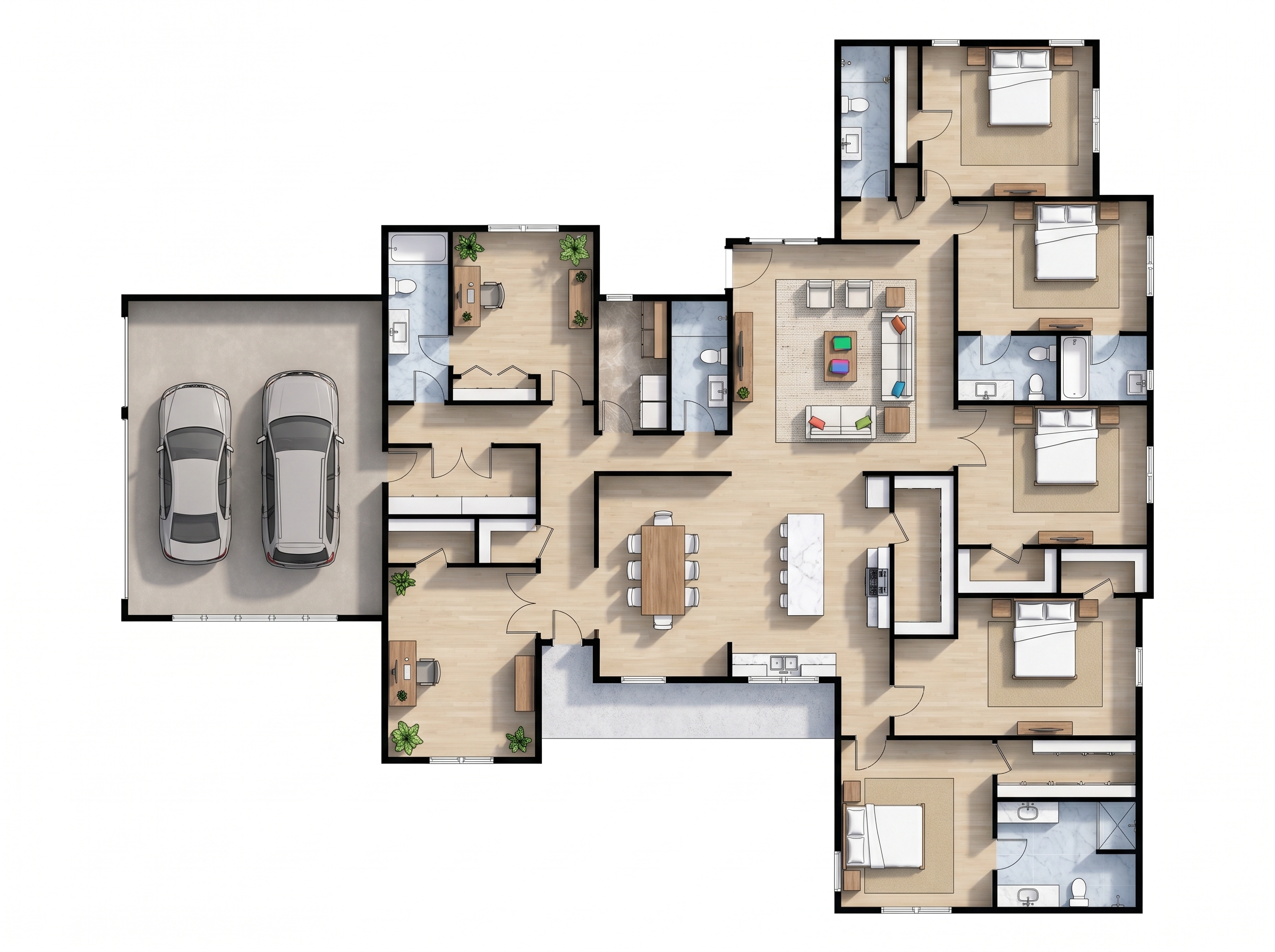 6 bedroom bright floor plan showing 6 bathrooms - 4,485 sq ft