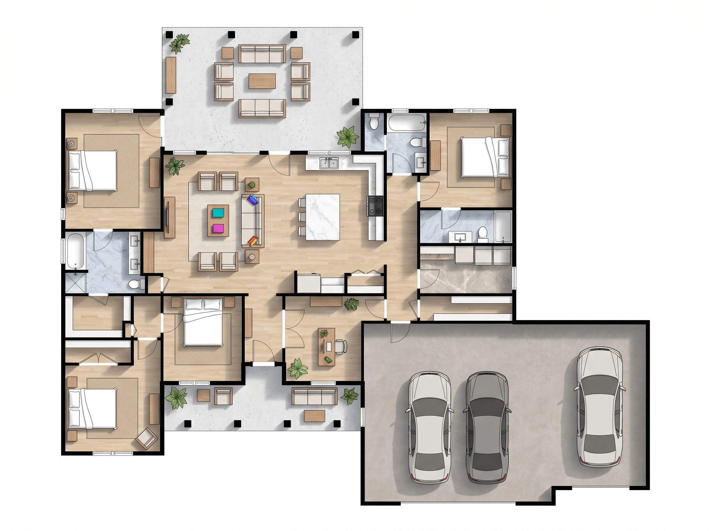 3 bedroom earthy floor plan showing 3 bathrooms - 3,844 sq ft