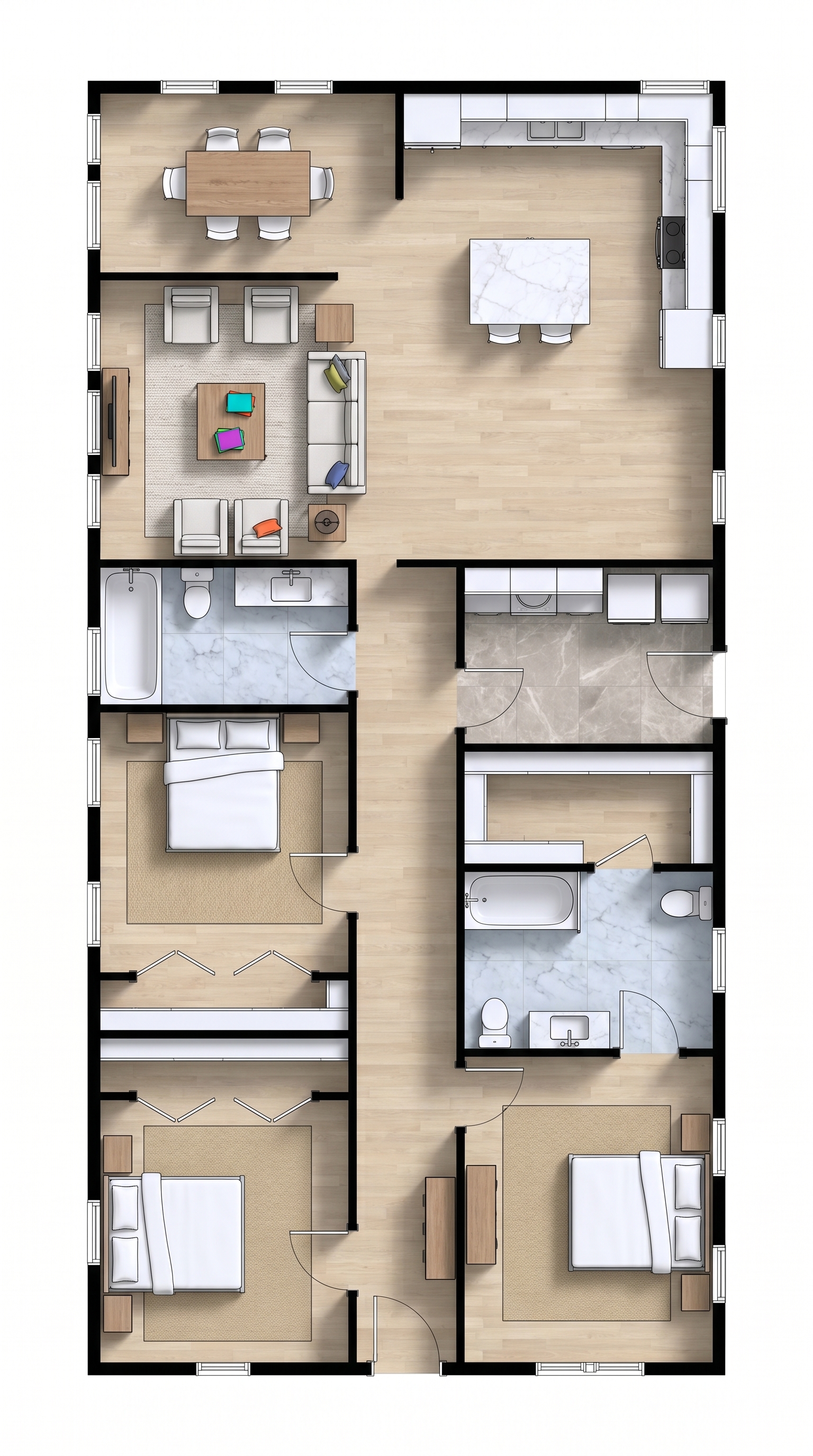 3 bedroom bright floor plan showing 2 bathrooms - 1,687 sq ft