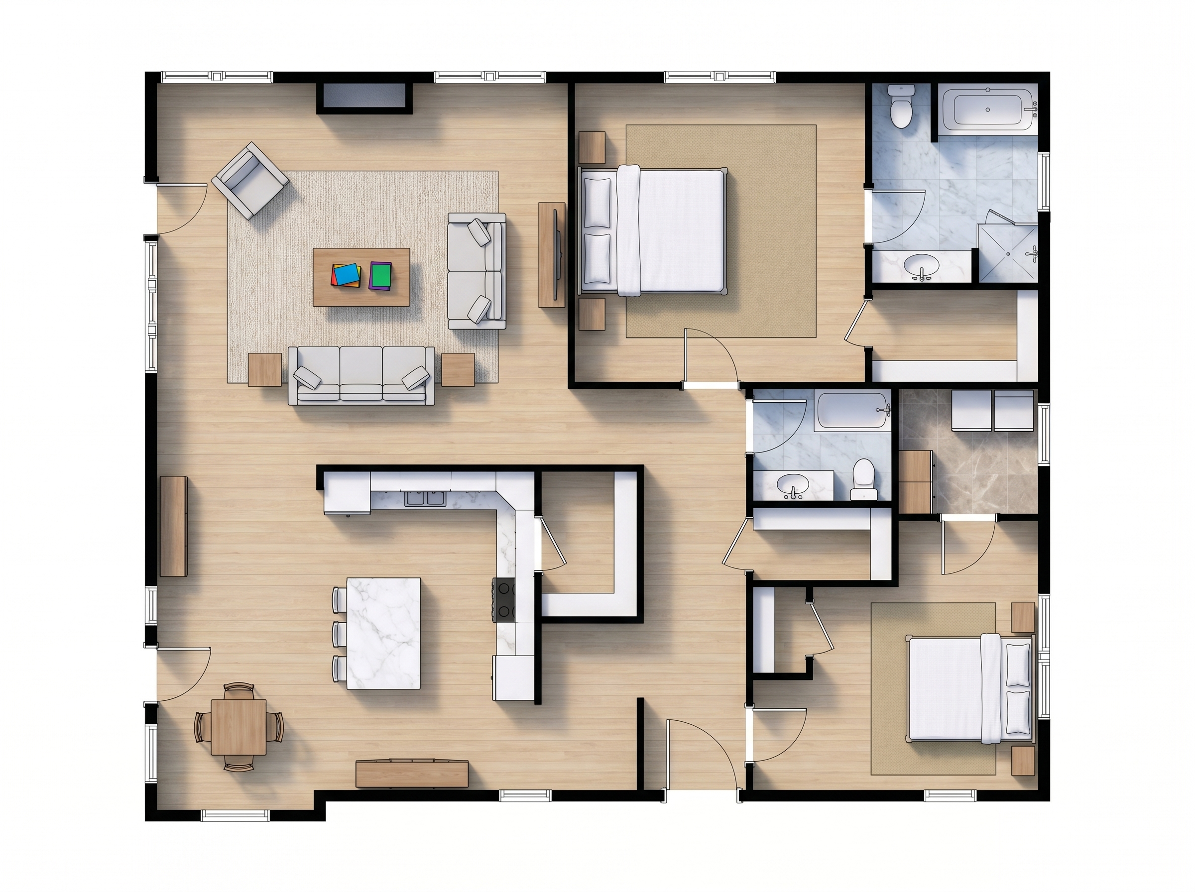 2 bedroom bright floor plan showing 2 bathrooms - 1,636 sq ft