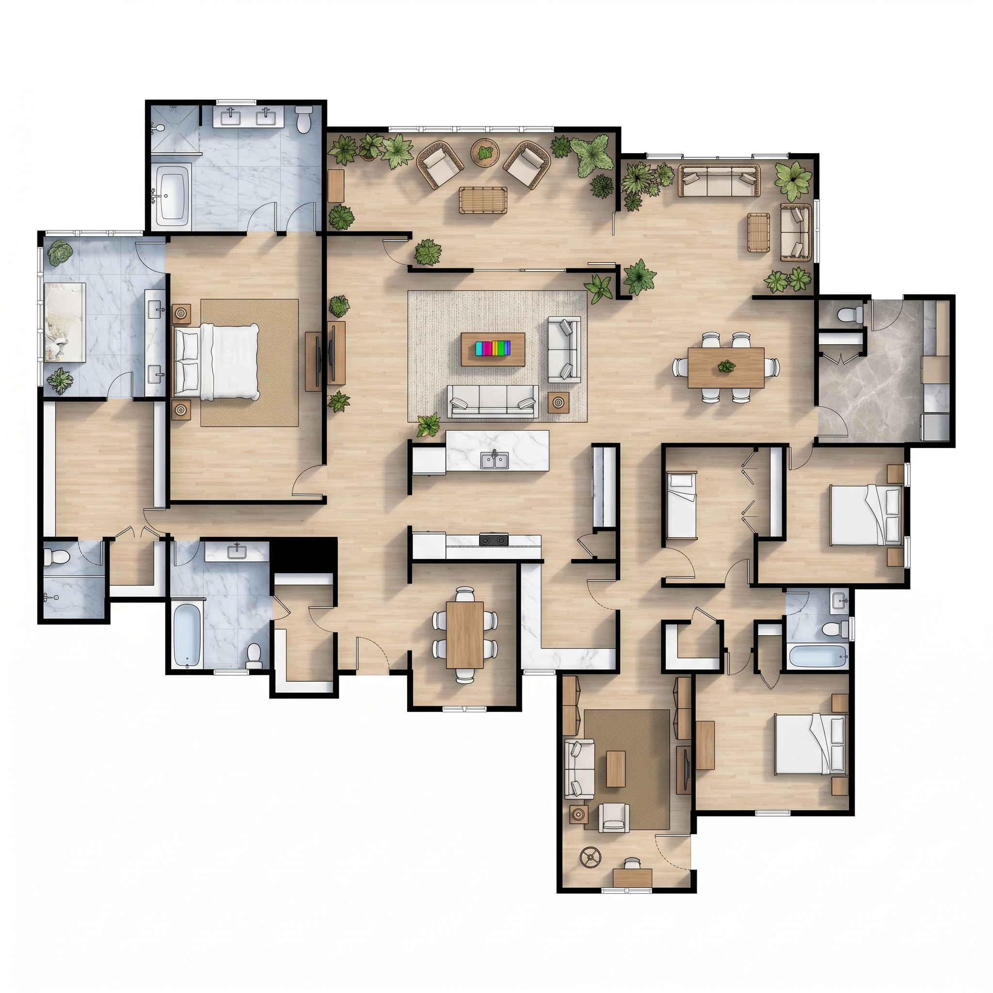 4 bedroom bright floor plan showing 6 bathrooms - 4,869 sq ft