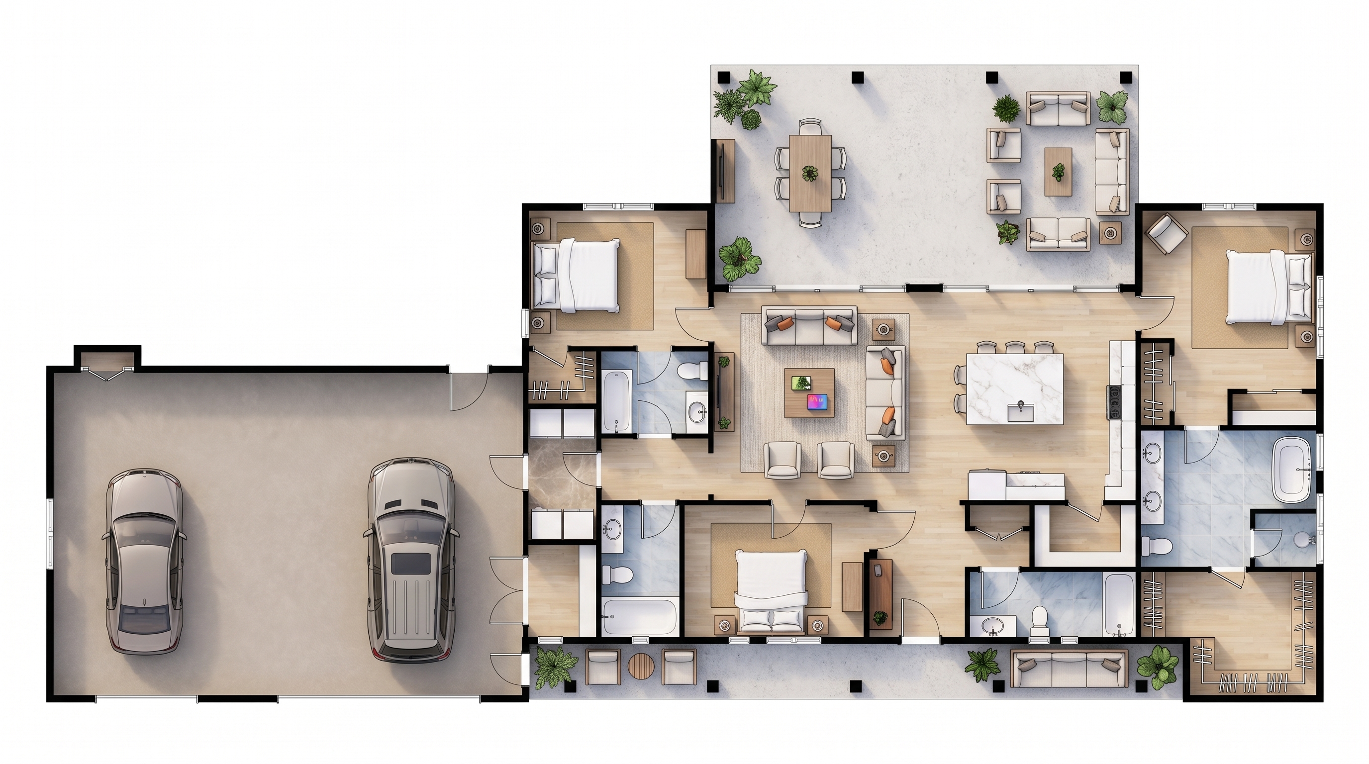 3 bedroom bright floor plan showing 4 bathrooms - 3,894 sq ft