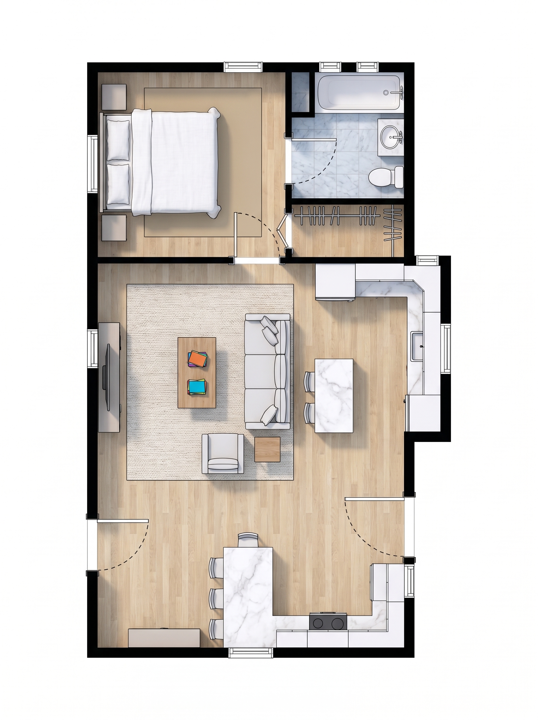 1 bedroom bright floor plan showing 1 bathrooms - 679 sq ft