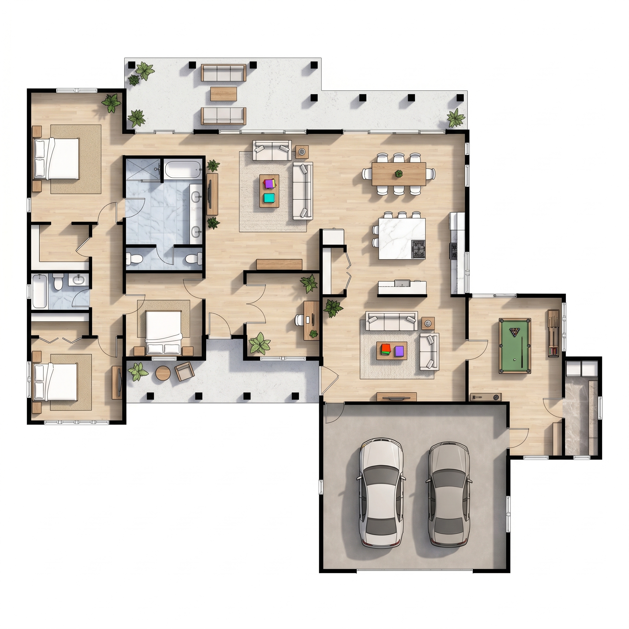 3 bedroom bright floor plan showing 2 bathrooms - 3,691 sq ft