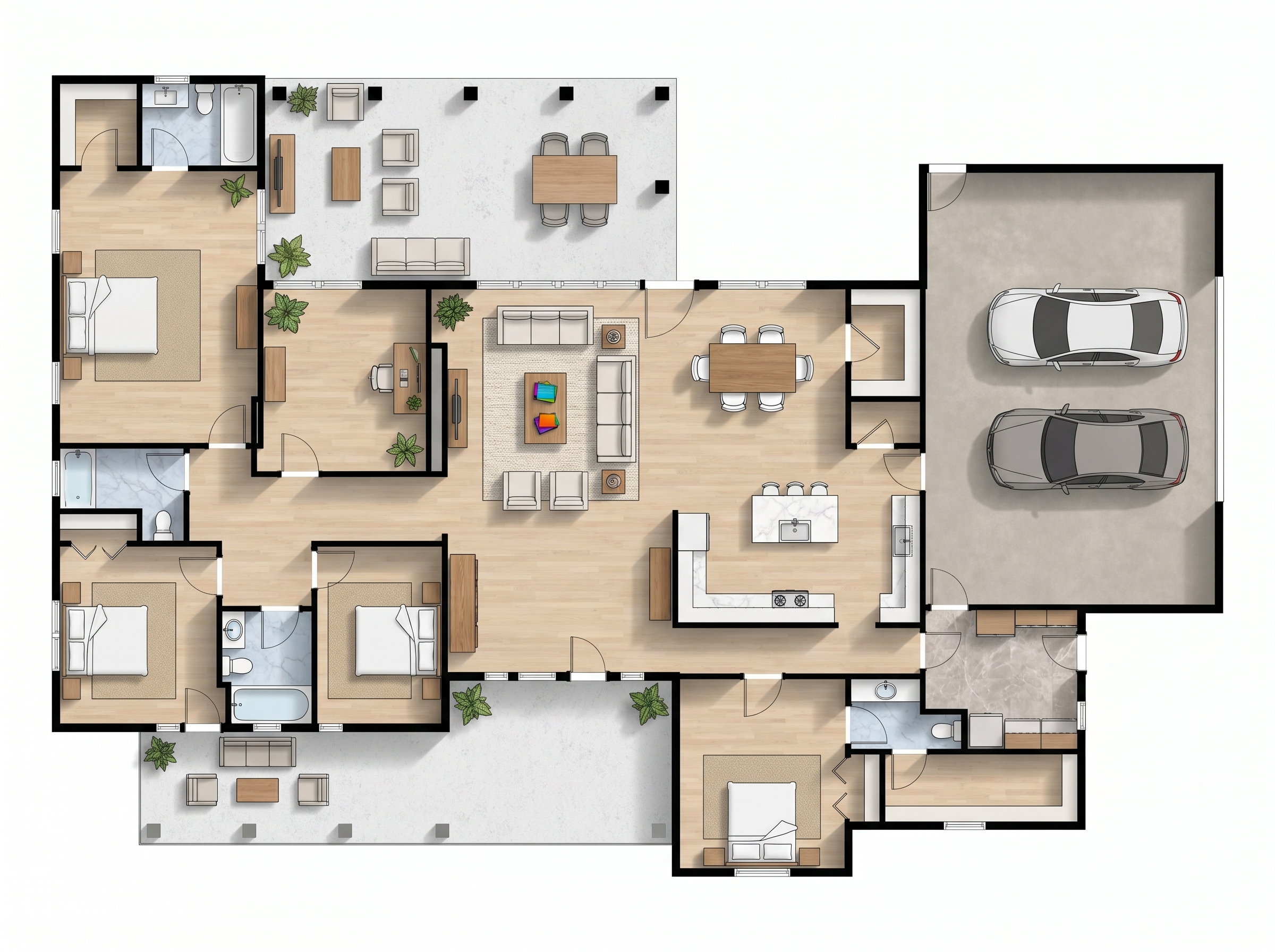 4 bedroom bright floor plan showing 4 bathrooms - 3,691 sq ft
