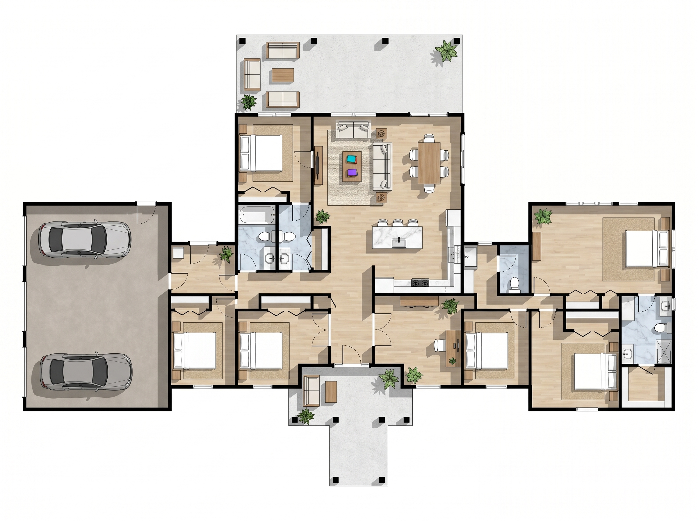 6 bedroom bright floor plan showing 4 bathrooms - 4,417 sq ft