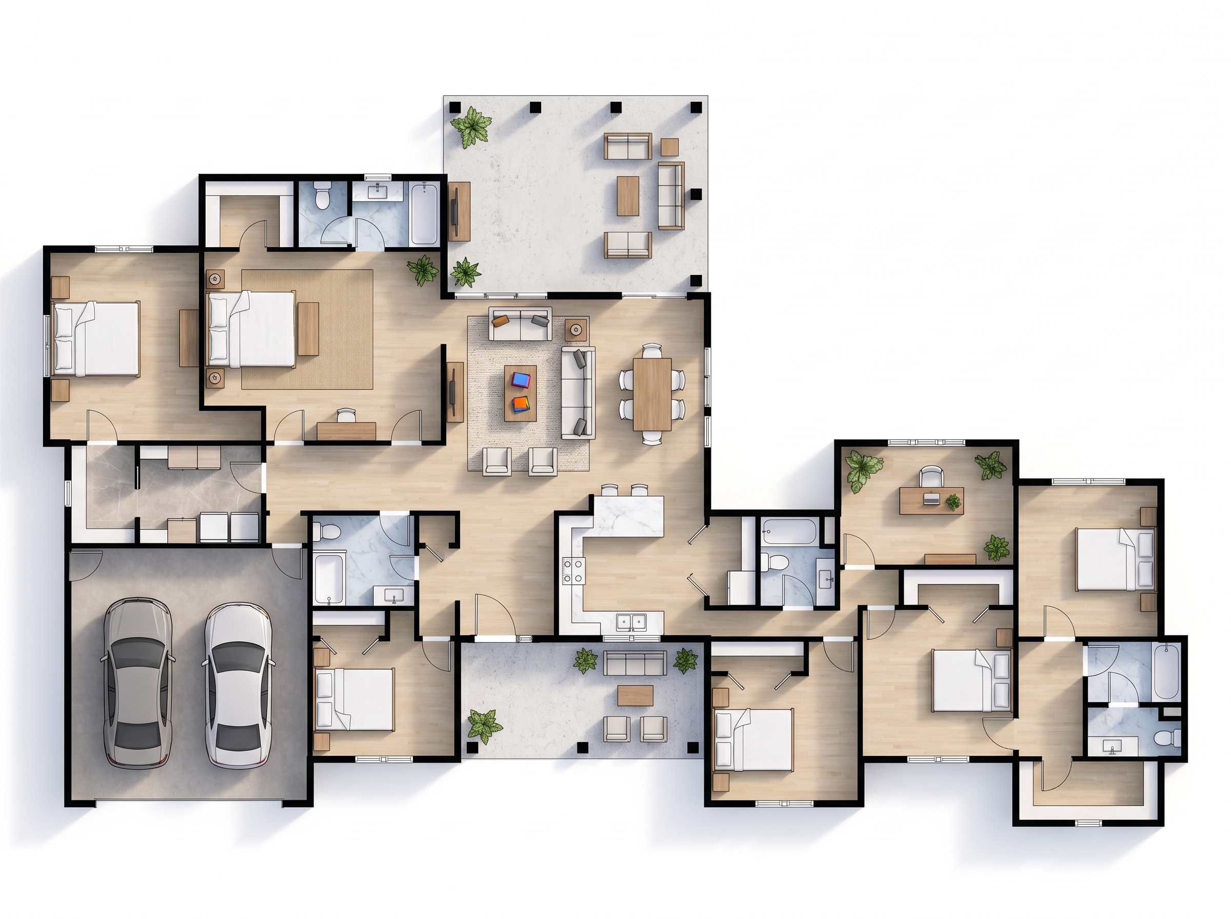 6 bedroom bright floor plan showing 5 bathrooms - 4,039 sq ft