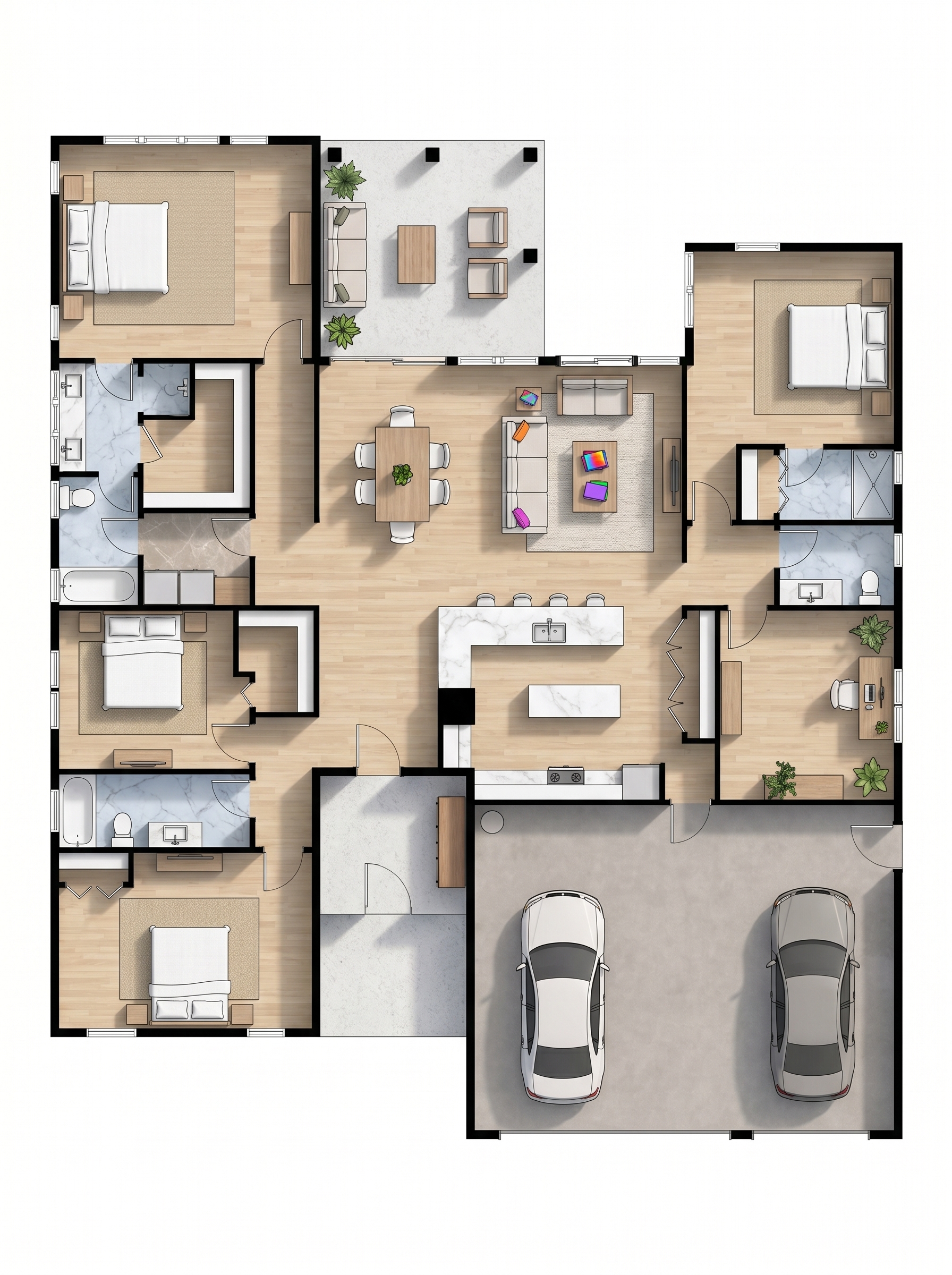4 bedroom bright floor plan showing 5 bathrooms - 3,565 sq ft